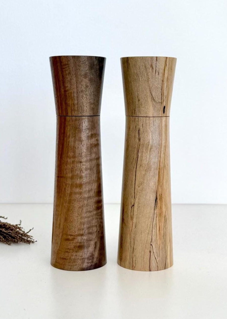 Wooden cylindrical shape salt and pepper grinders made from Walnut and Maple timbers