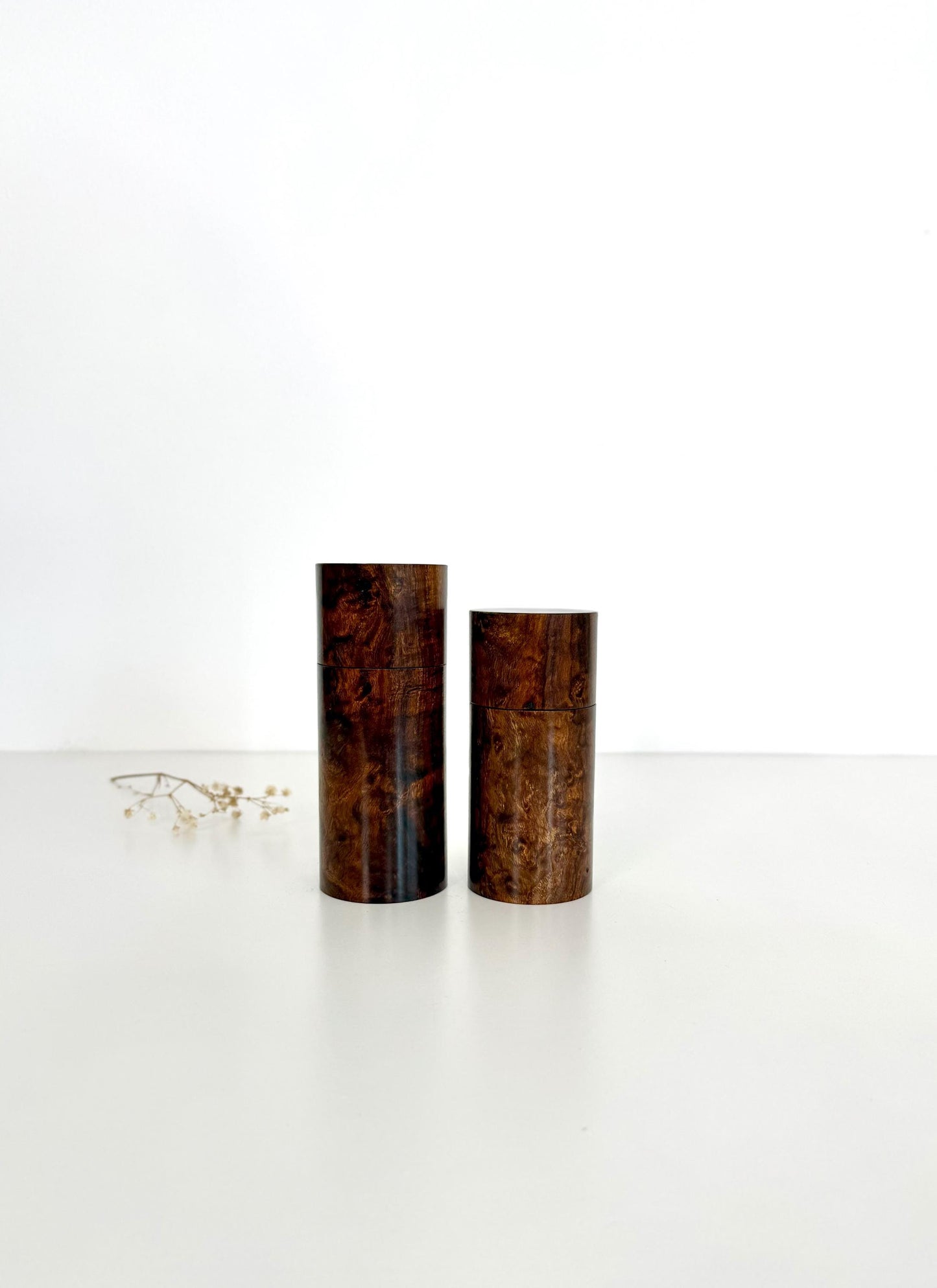 Wooden cylindrical shape salt and pepper grinders made from Black Mulga timber