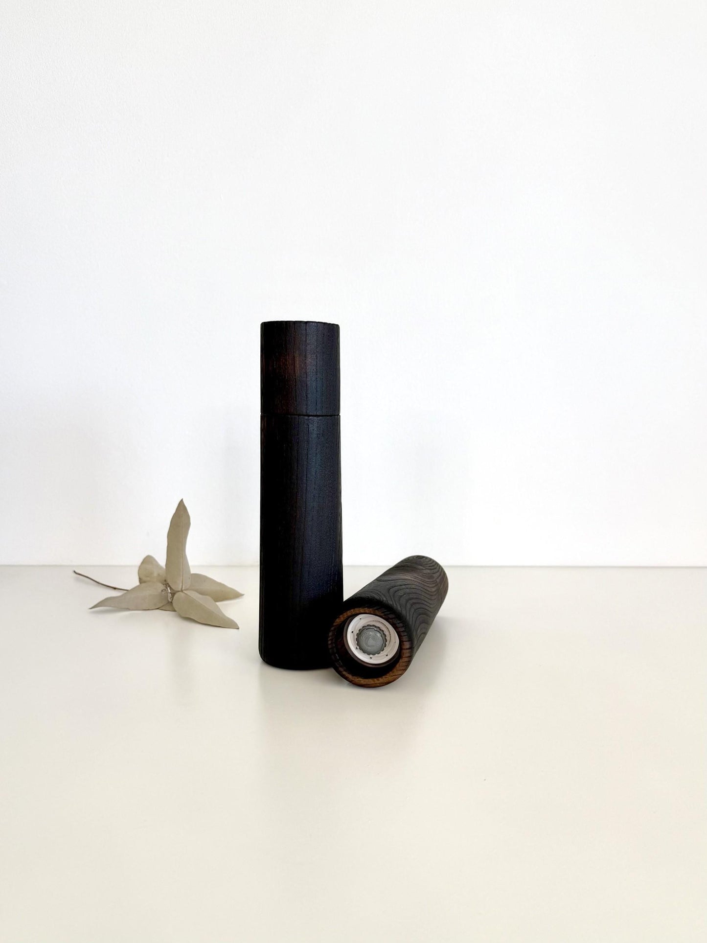 Handcrafted Blackened Elm Pepper Grinder Set: Modern Wood Salt Mill