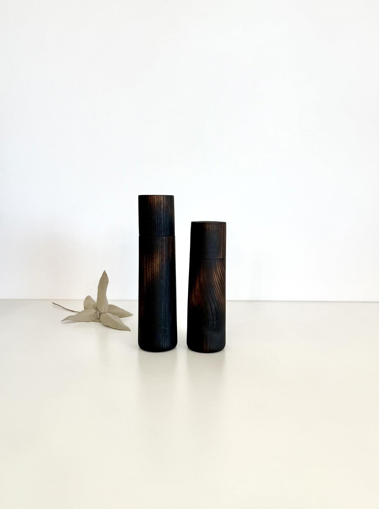 Handcrafted Blackened Elm Pepper Grinder Set: Modern Wood Salt Mill