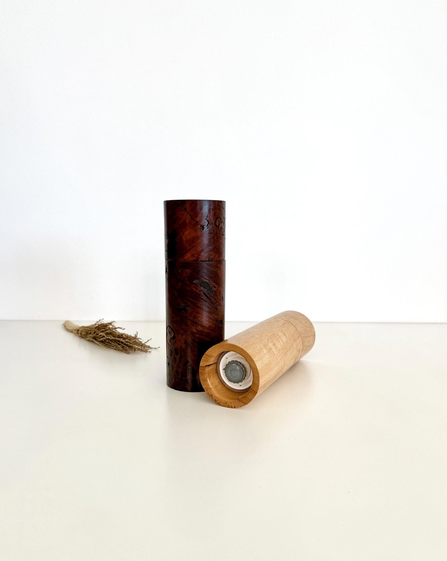Handcrafted Jarrah Burl and Blackbutt Pepper Grinder Set: Australian Handmade Ceramic Mills