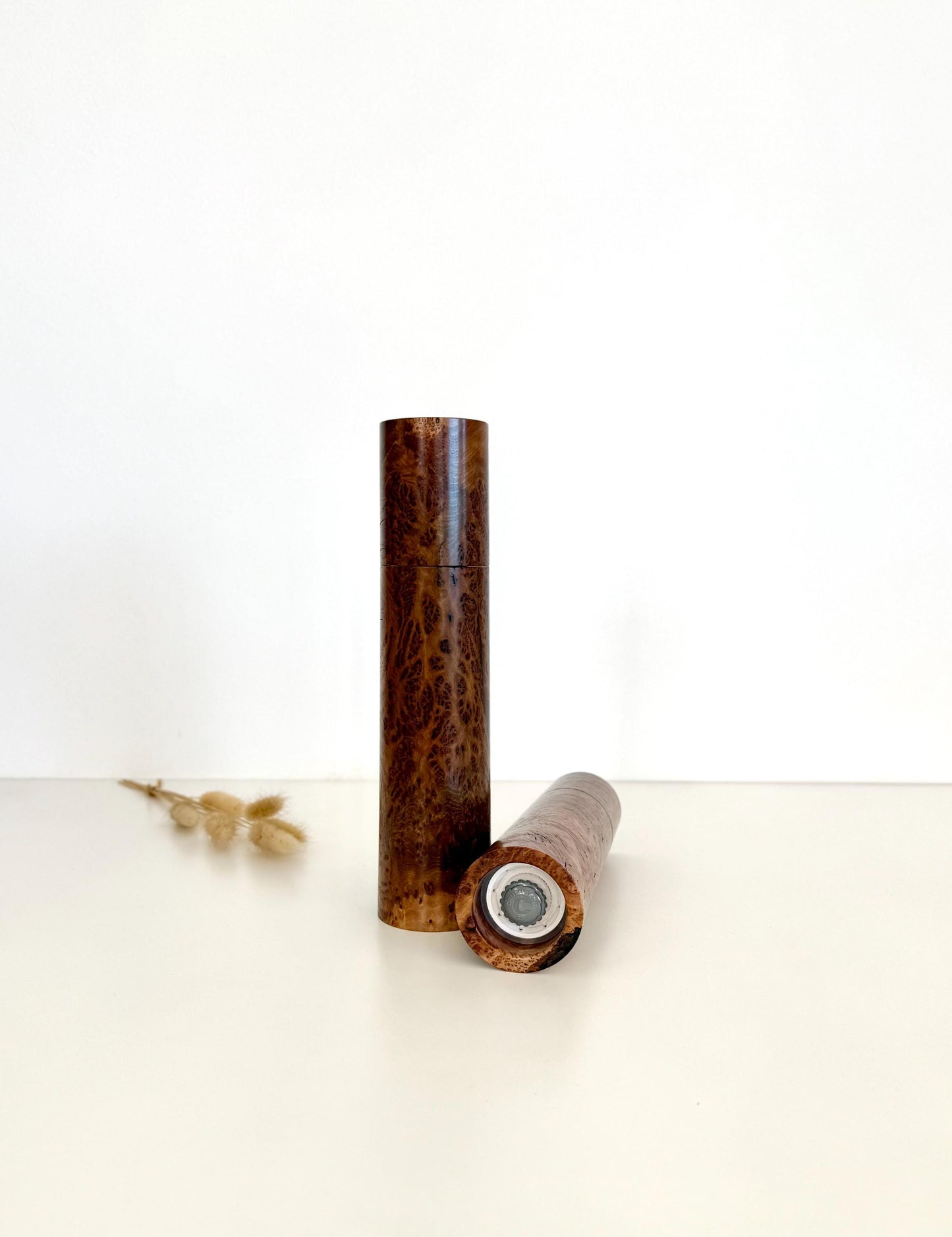 Handcrafted Gimlet Burl Pepper Grinder Set: Modern Wood Salt Mill