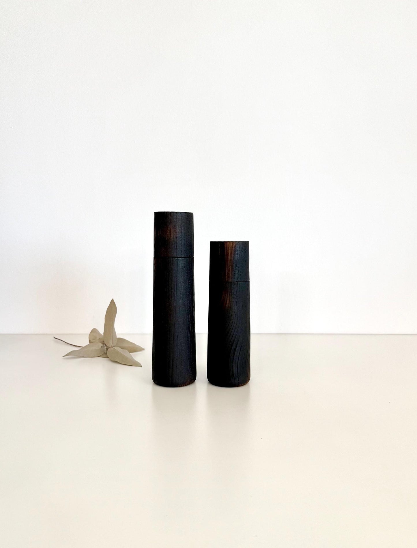 Handcrafted Blackened Elm Pepper Grinder Set: Modern Wood Salt Mill