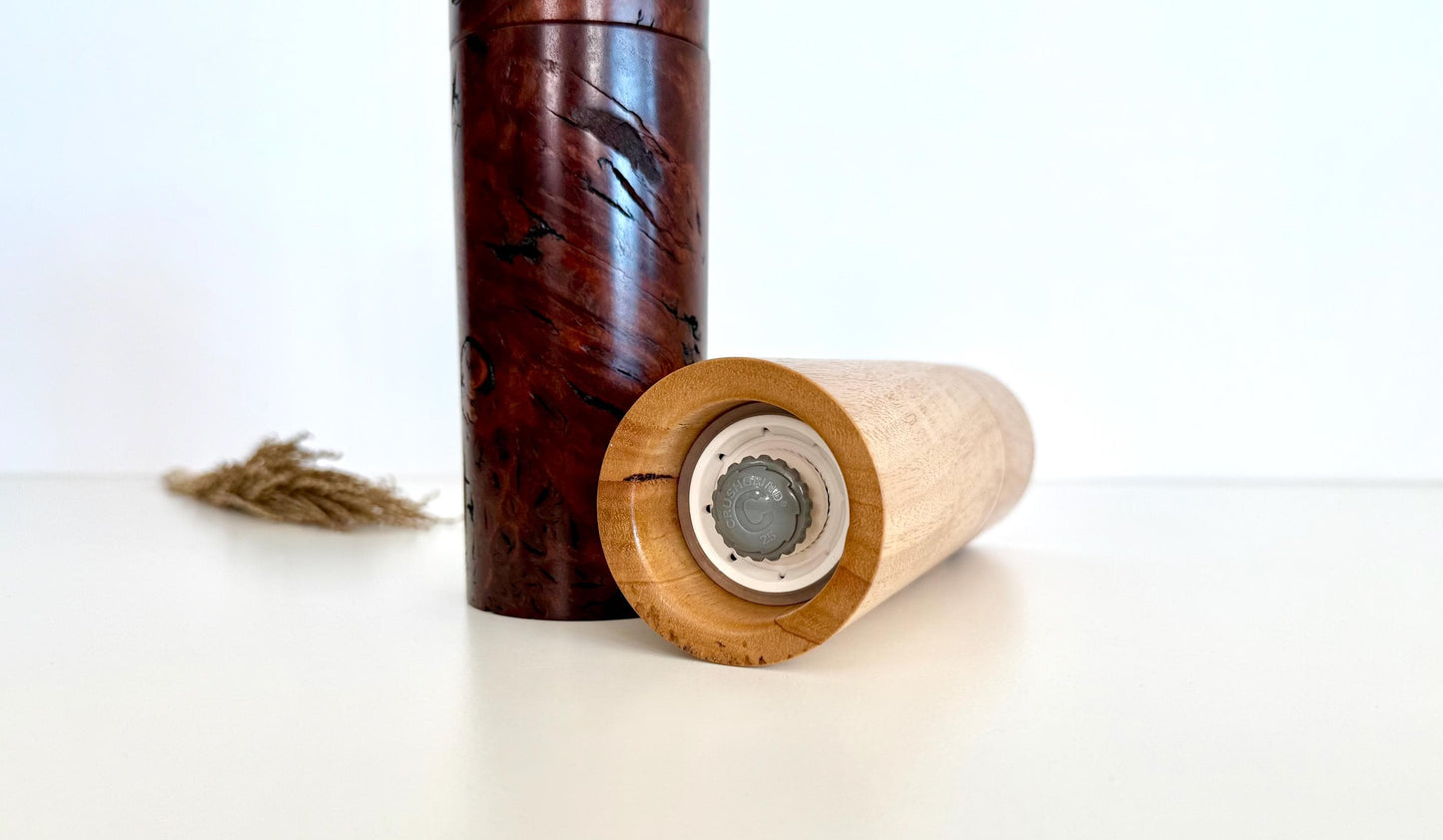Handcrafted Jarrah Burl and Blackbutt Pepper Grinder Set: Australian Handmade Ceramic Mills