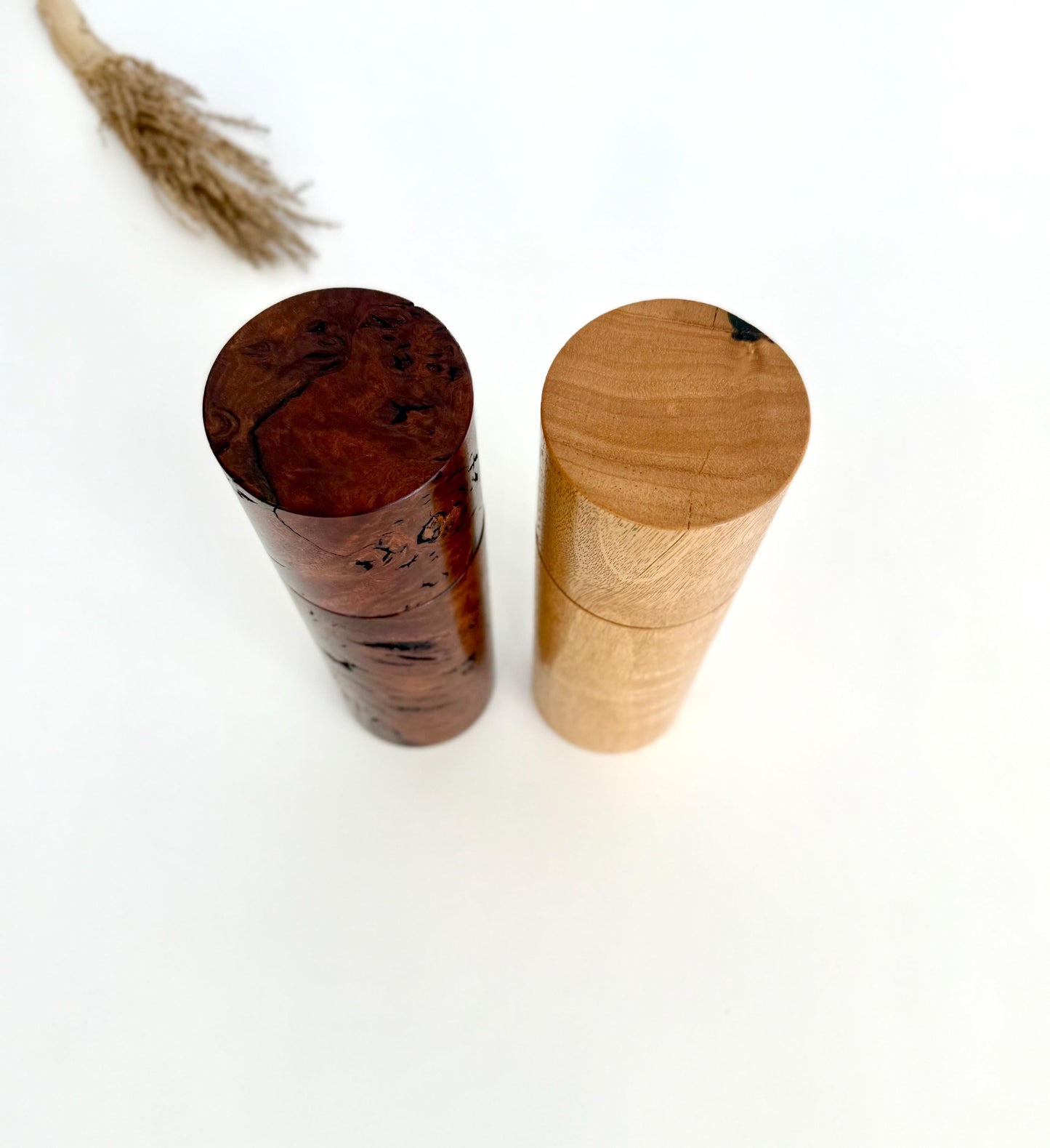 Handcrafted Jarrah Burl and Blackbutt Pepper Grinder Set: Australian Handmade Ceramic Mills