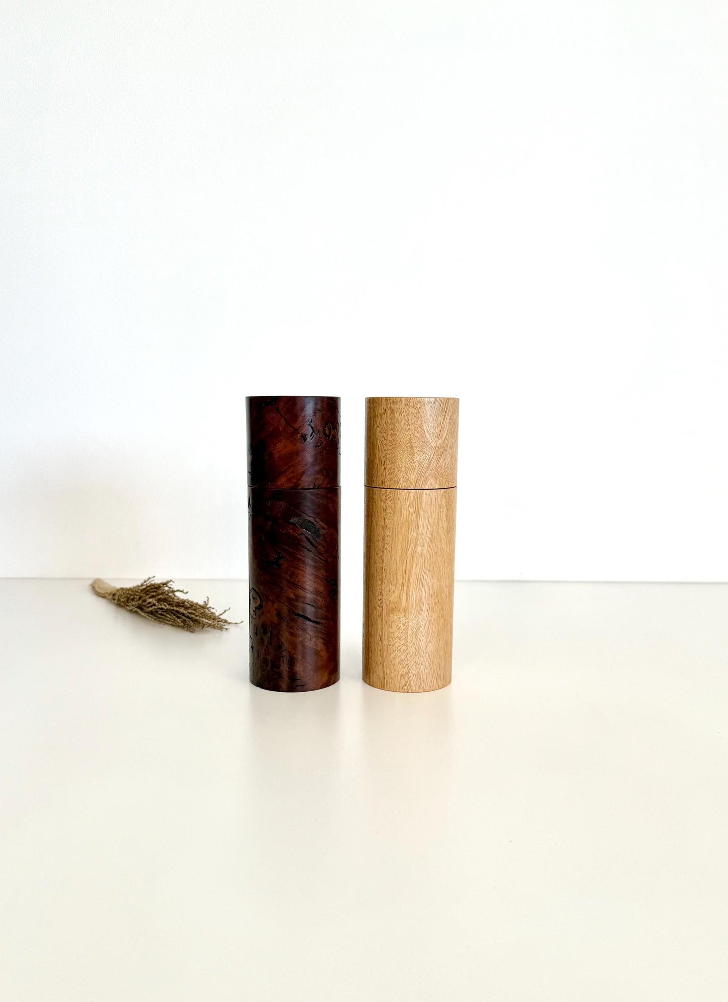 Handcrafted Jarrah Burl and Blackbutt Pepper Grinder Set: Australian Handmade Ceramic Mills