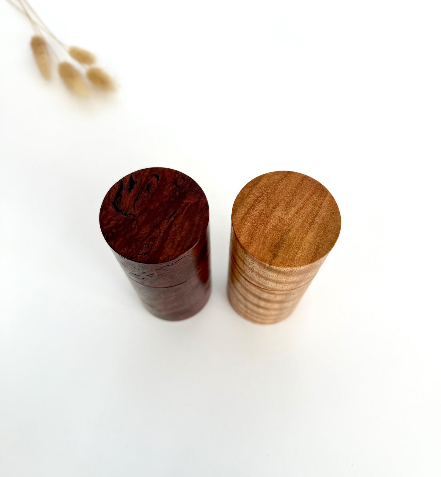 Handcrafted Mini Jarrah Burl and Curly Marri Pepper Grinder Set: Modern Wood Salt Mill