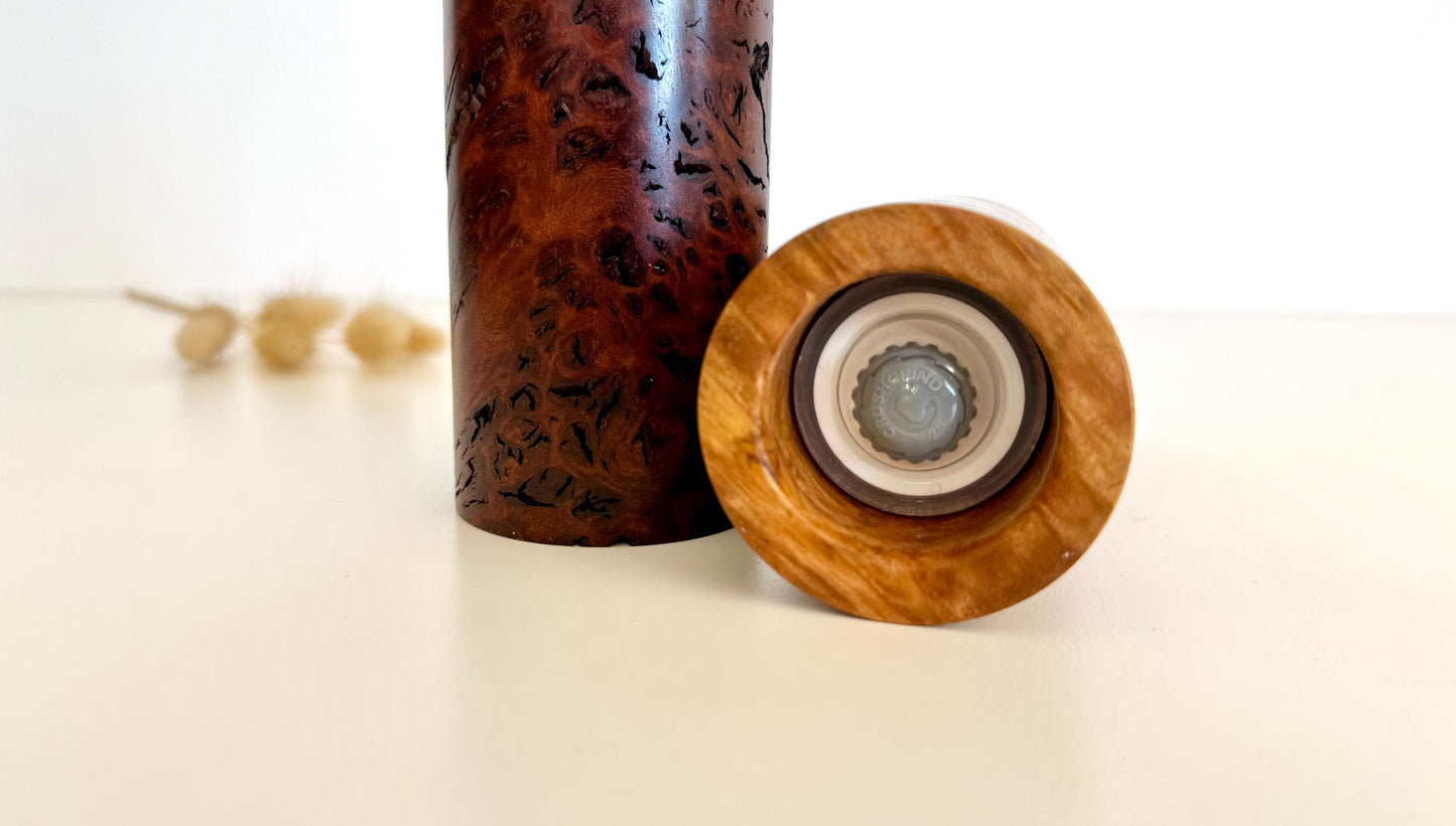Handcrafted Jarrah Burl and Sugar Gum Mini Grinder Set: Modern Wood Salt Mill
