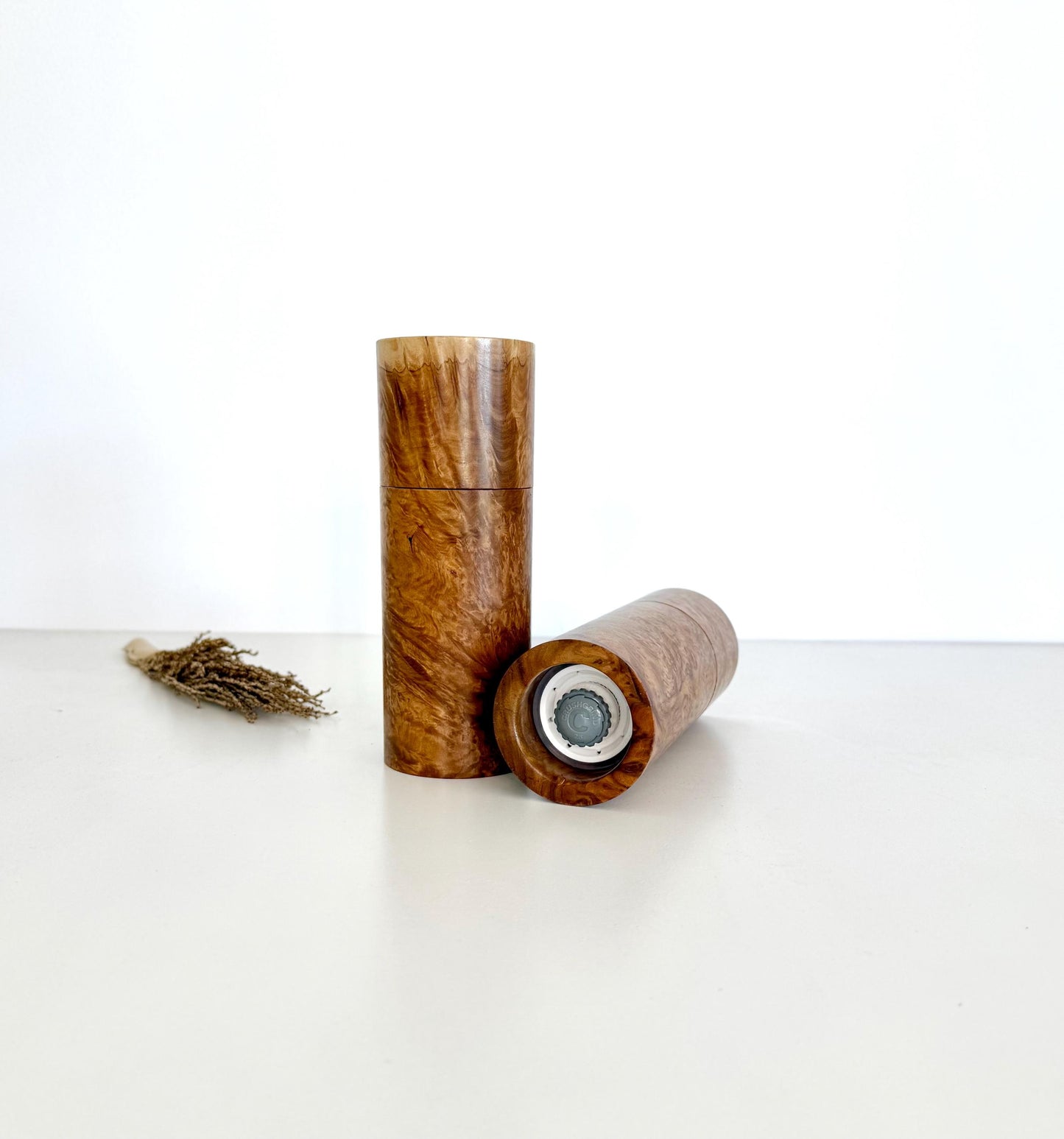 Rib Fruited Mallee burl Pepper Grinder Set, Modern Ceramic Salt Mill