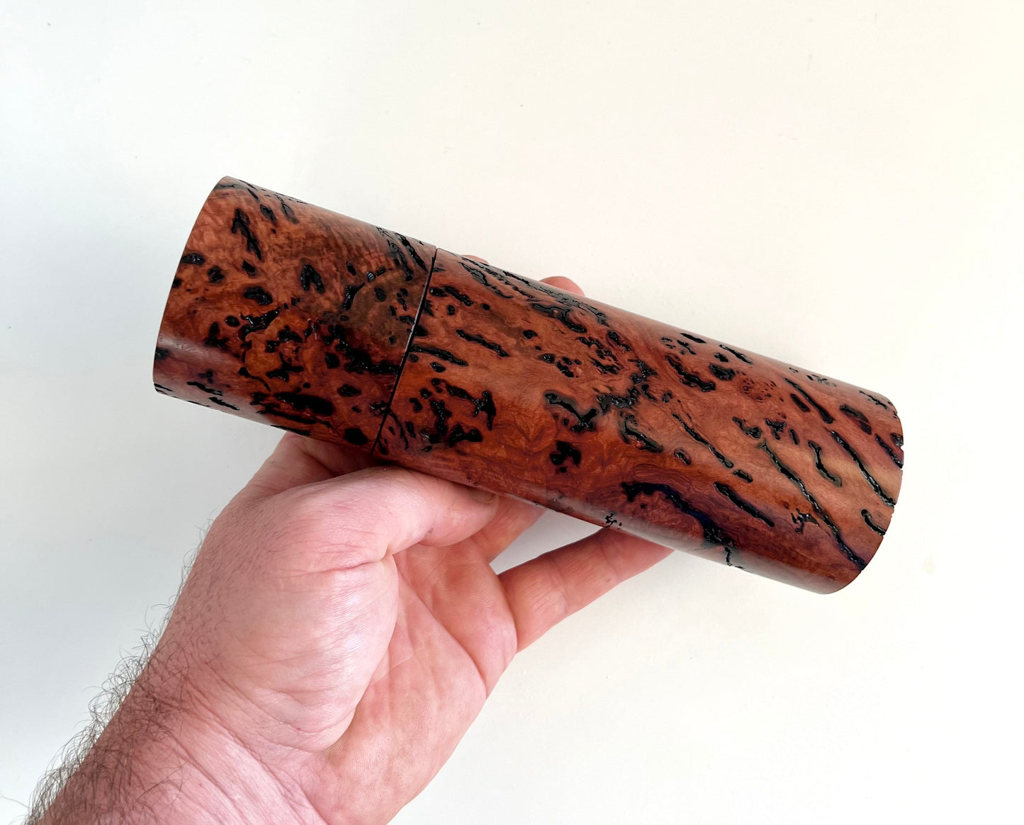 Mans hand holding single straight cylindrical salmon gum burl grinder