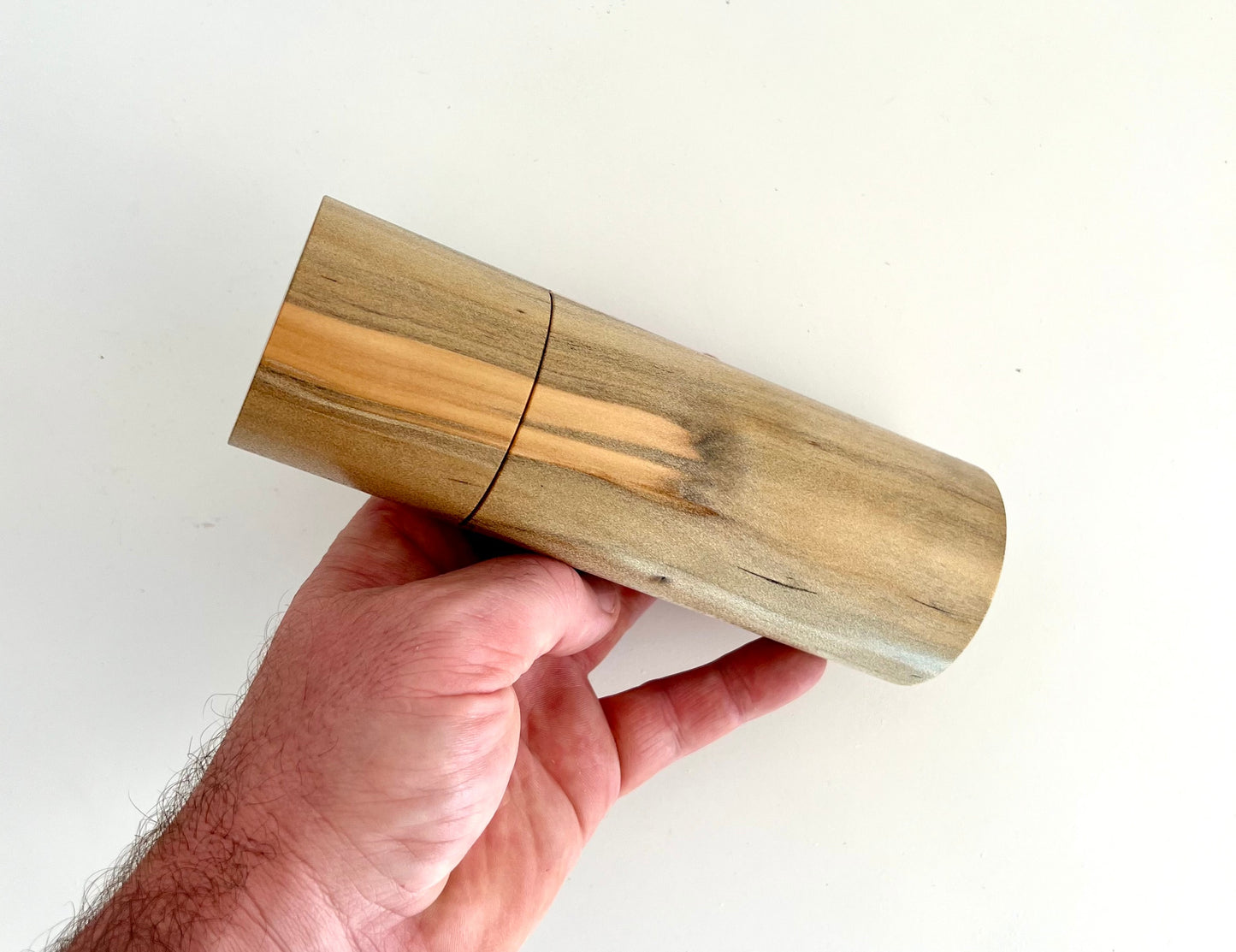 Mans hand holding single straight Norfolk Island Pine grinder