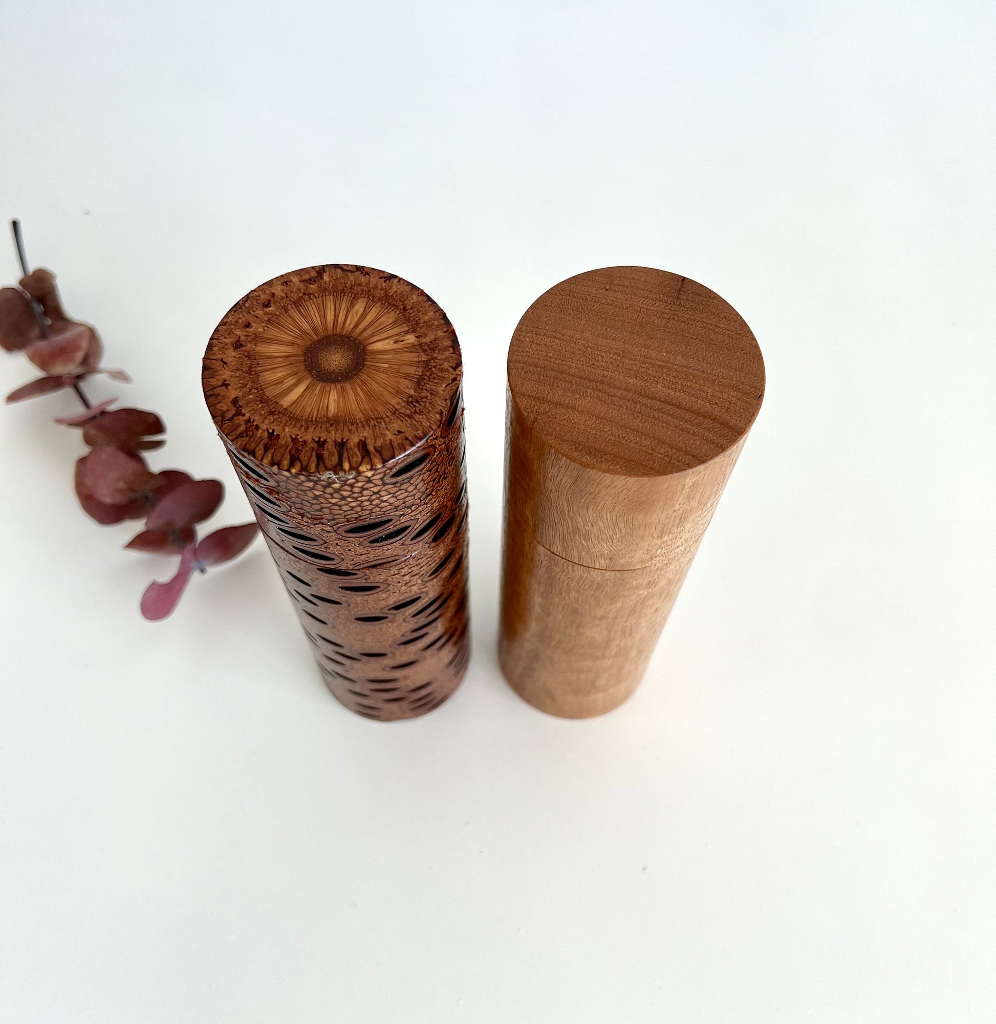 Top view of Banksia Seed pod and Blackbutt salt and pepper grinders on a white background