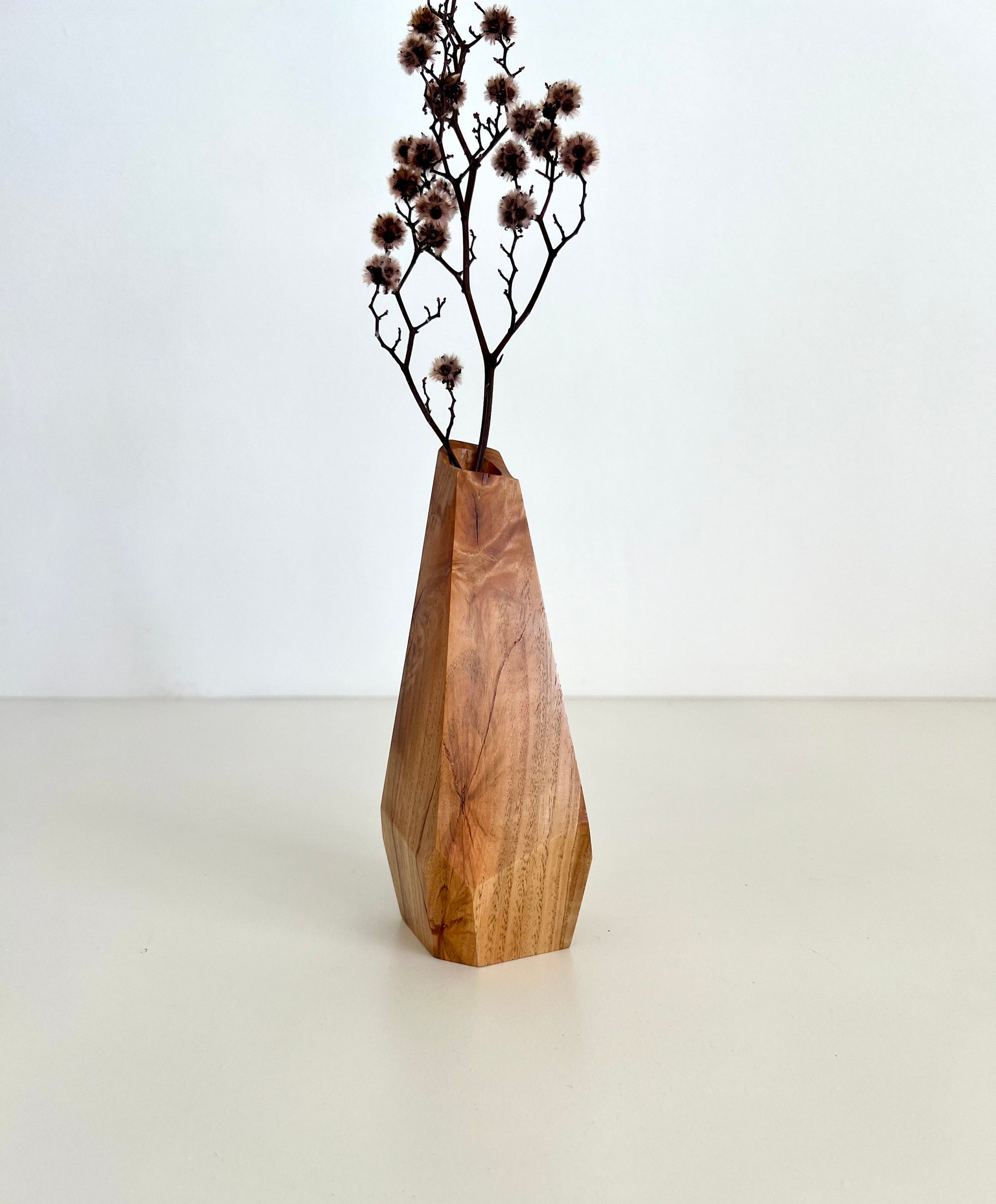 Wooden Geometric multi-faceted bud vase with dried flowers made from Australian reclaimed timber