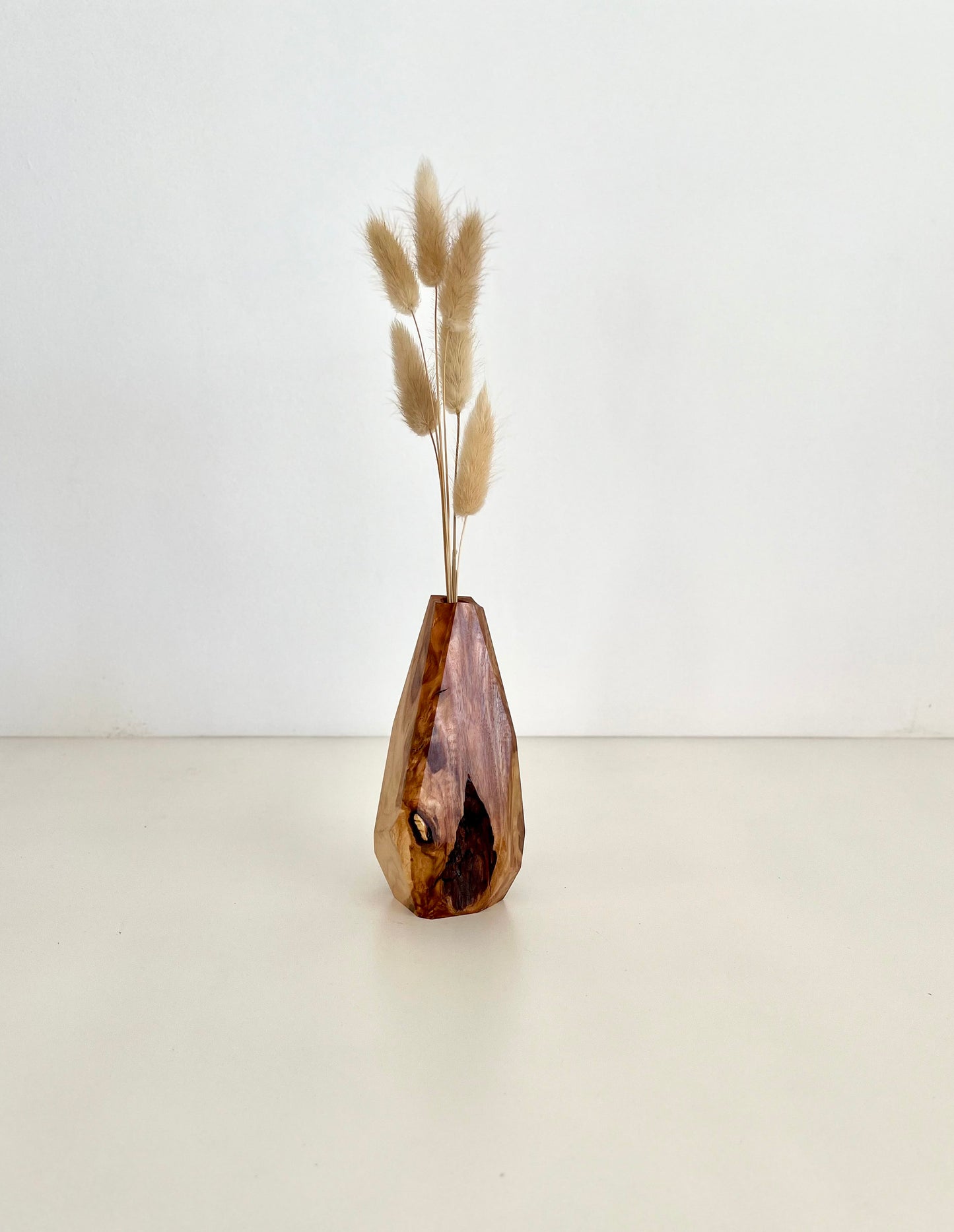 Wooden Geometric multi-faceted bud vase with dried flowers made from Australian reclaimed timber