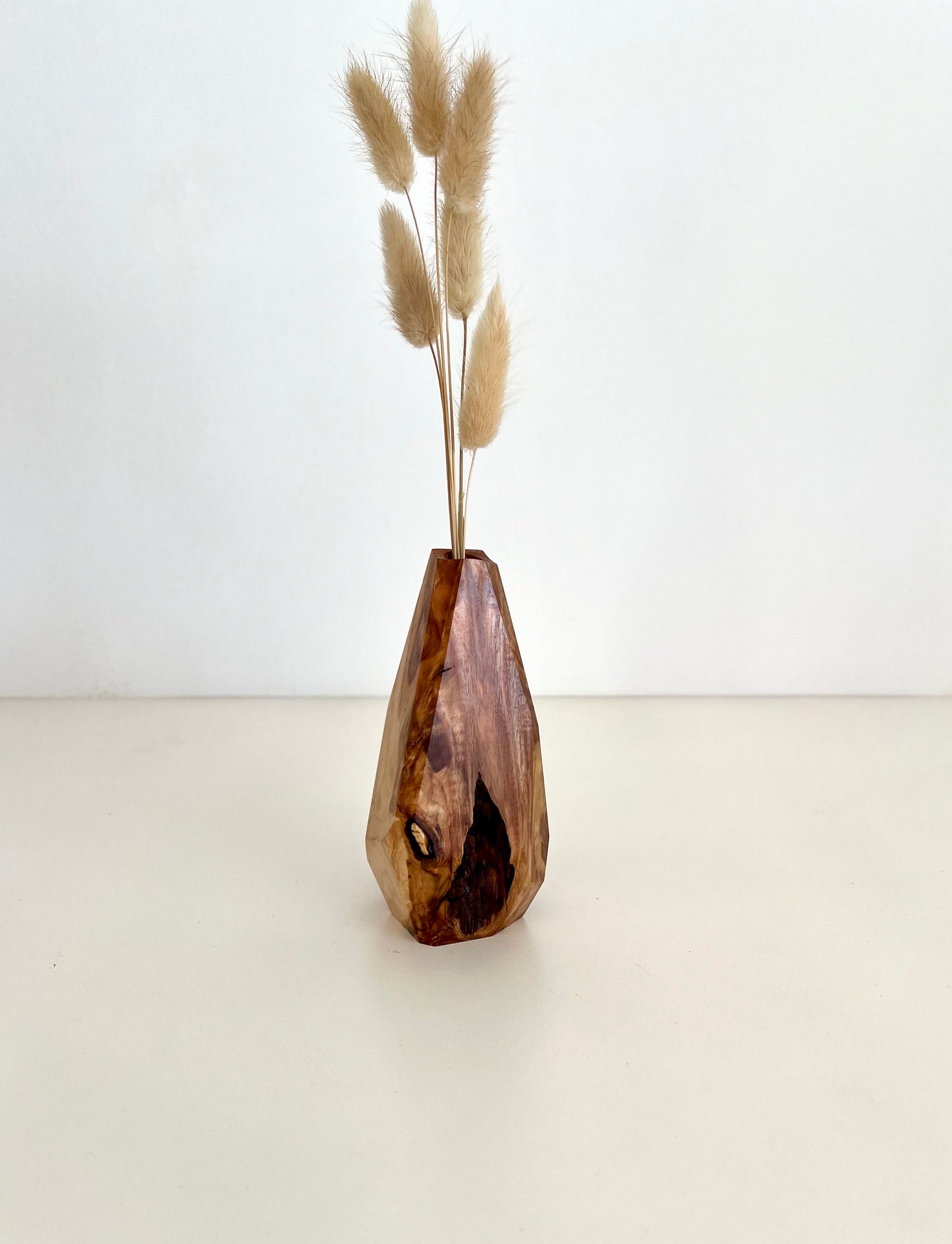 Wooden Geometric multi-faceted bud vase with dried flowers made from Australian reclaimed timber