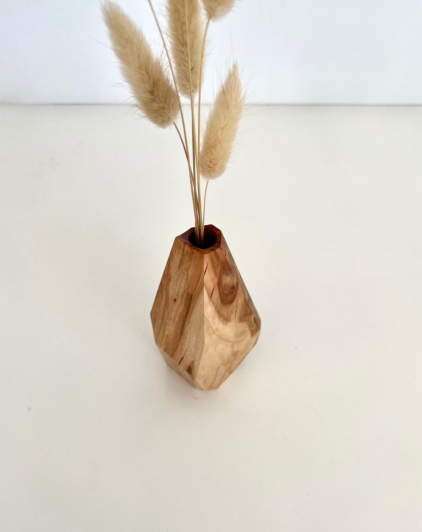 Wooden Geometric multi-faceted bud vase with dried flowers made from Australian reclaimed timber