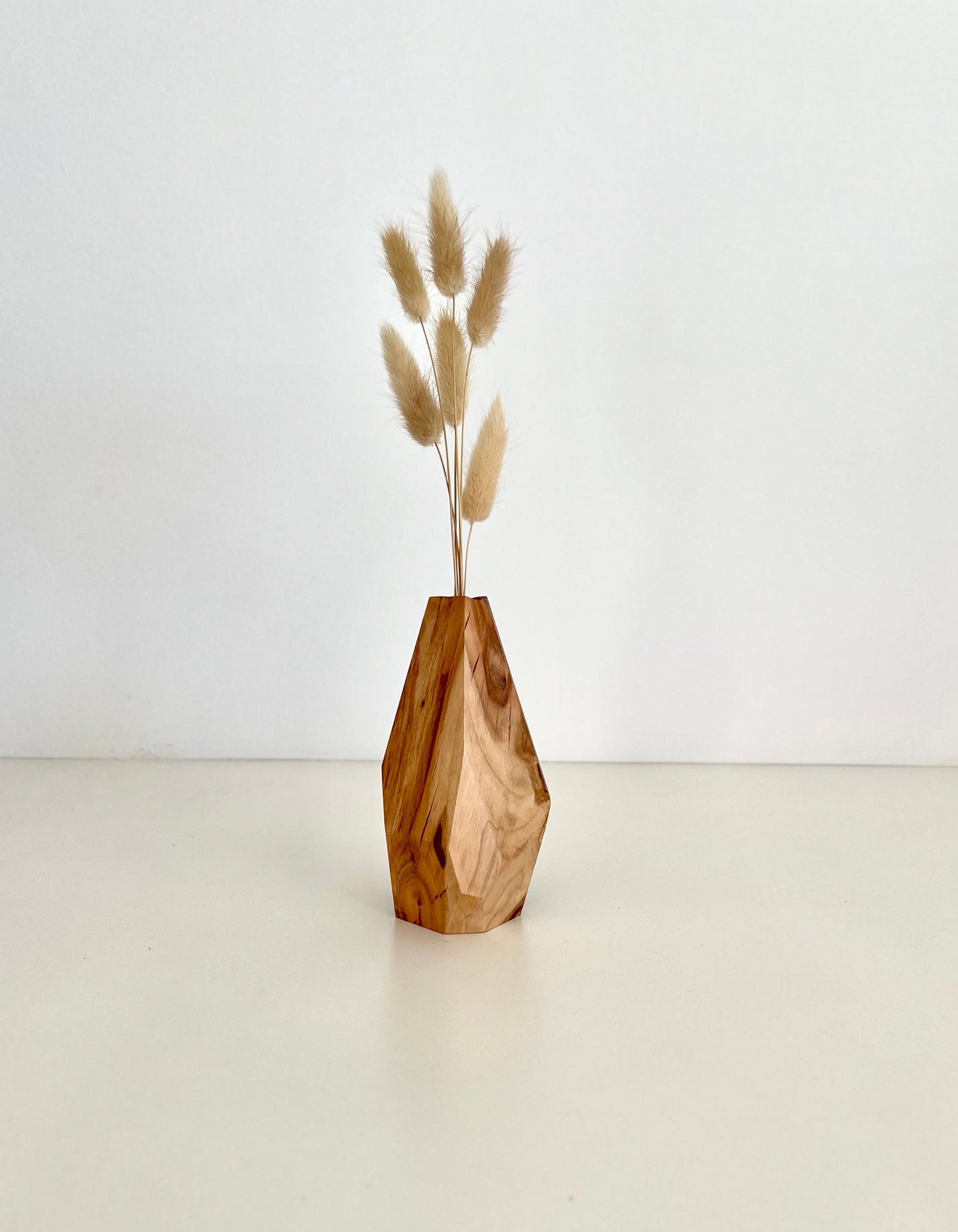 Wooden Geometric multi-faceted bud vase with dried flowers made from Australian reclaimed timber