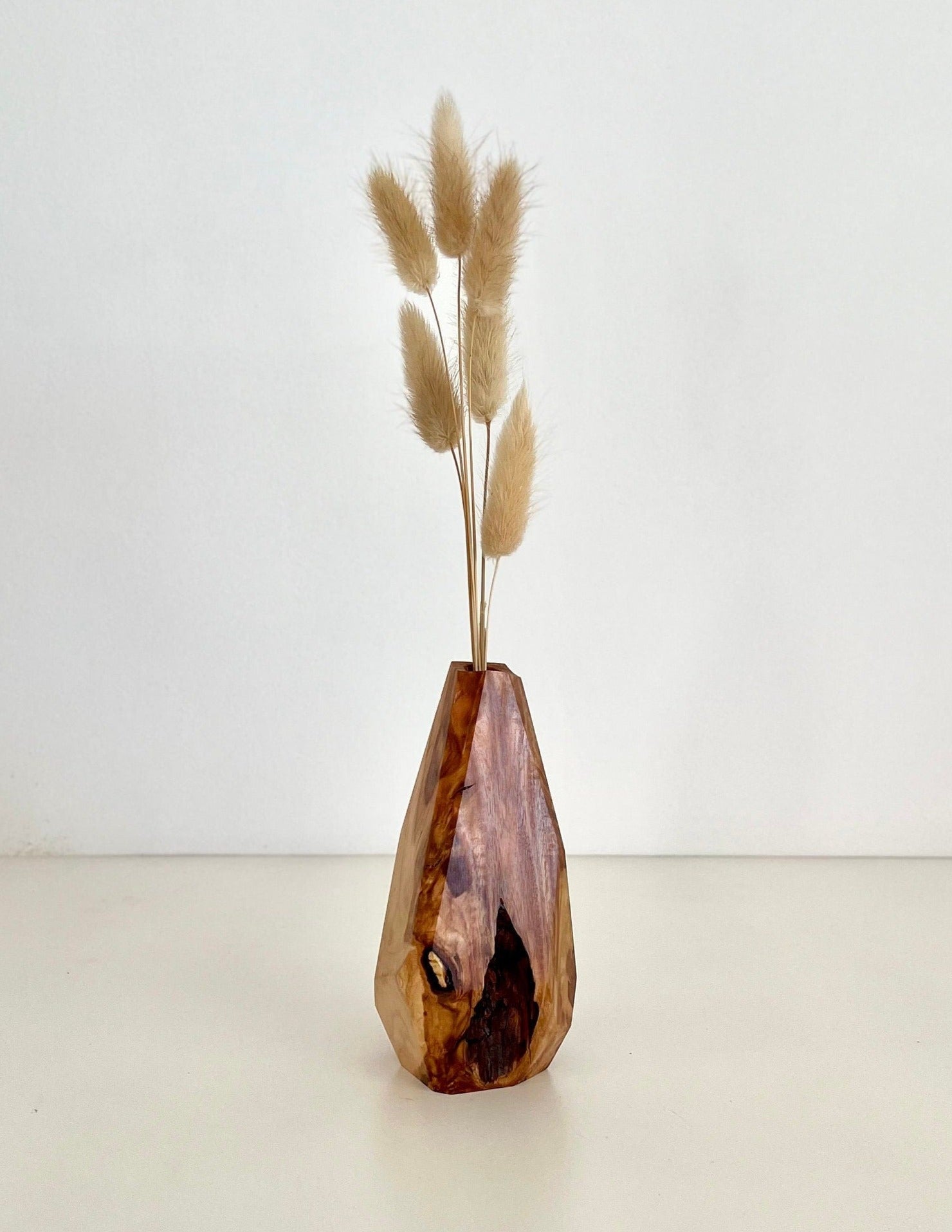 Wooden Geometric multi-faceted bud vase with dried flowers made from Australian reclaimed timber