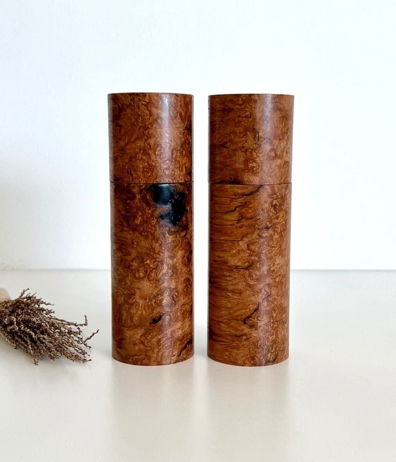 Wooden cylindrical shape salt and pepper grinders made from Australian Sugar gum timbers