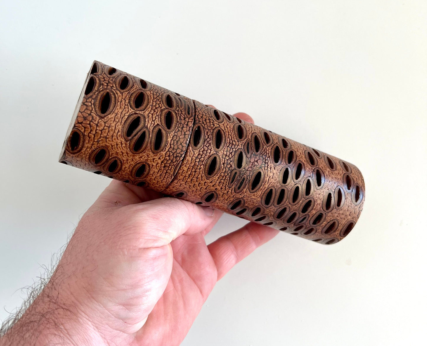 Mans hand holding single straight cylindrical Banksia seed pod grinder