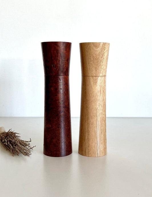 Wooden Tapered shape salt and pepper grinders made from Australian Jarrah burl and Blackbutt timbers