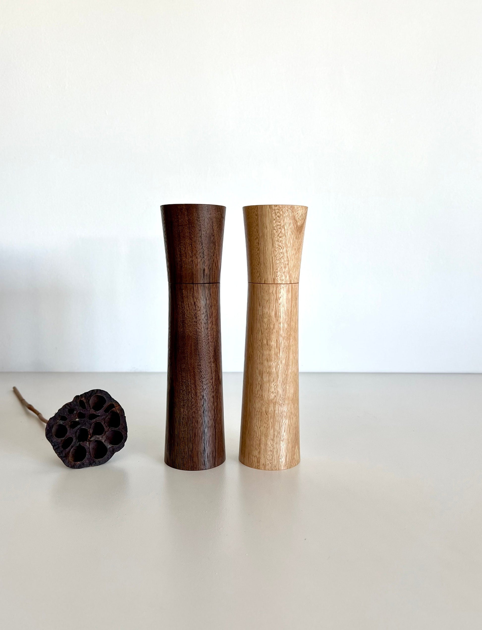 Wooden tapered shape salt and pepper grinders made from Australian Walnut and Blackbutt timbers