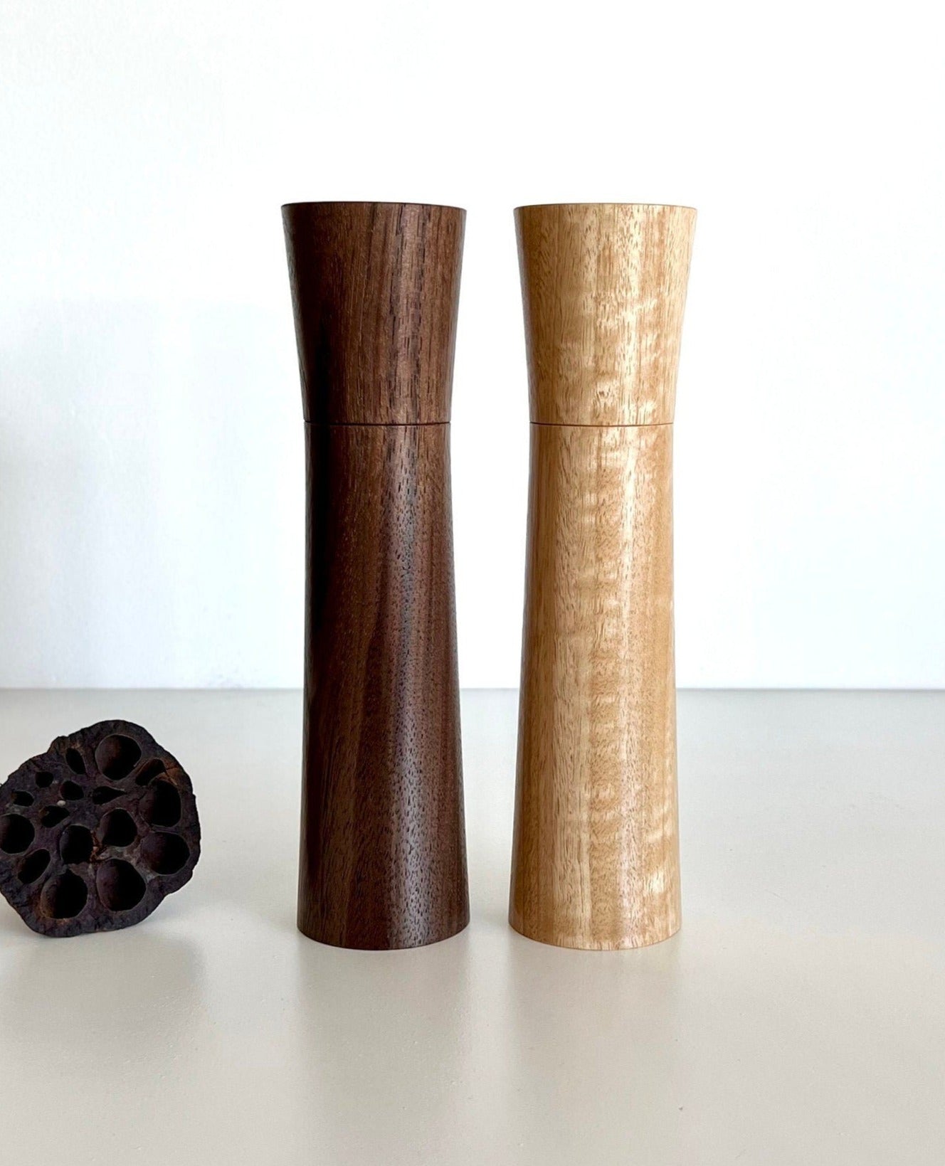 Wooden tapered shape salt and pepper grinders made from Australian Walnut and Blackbutt timbers