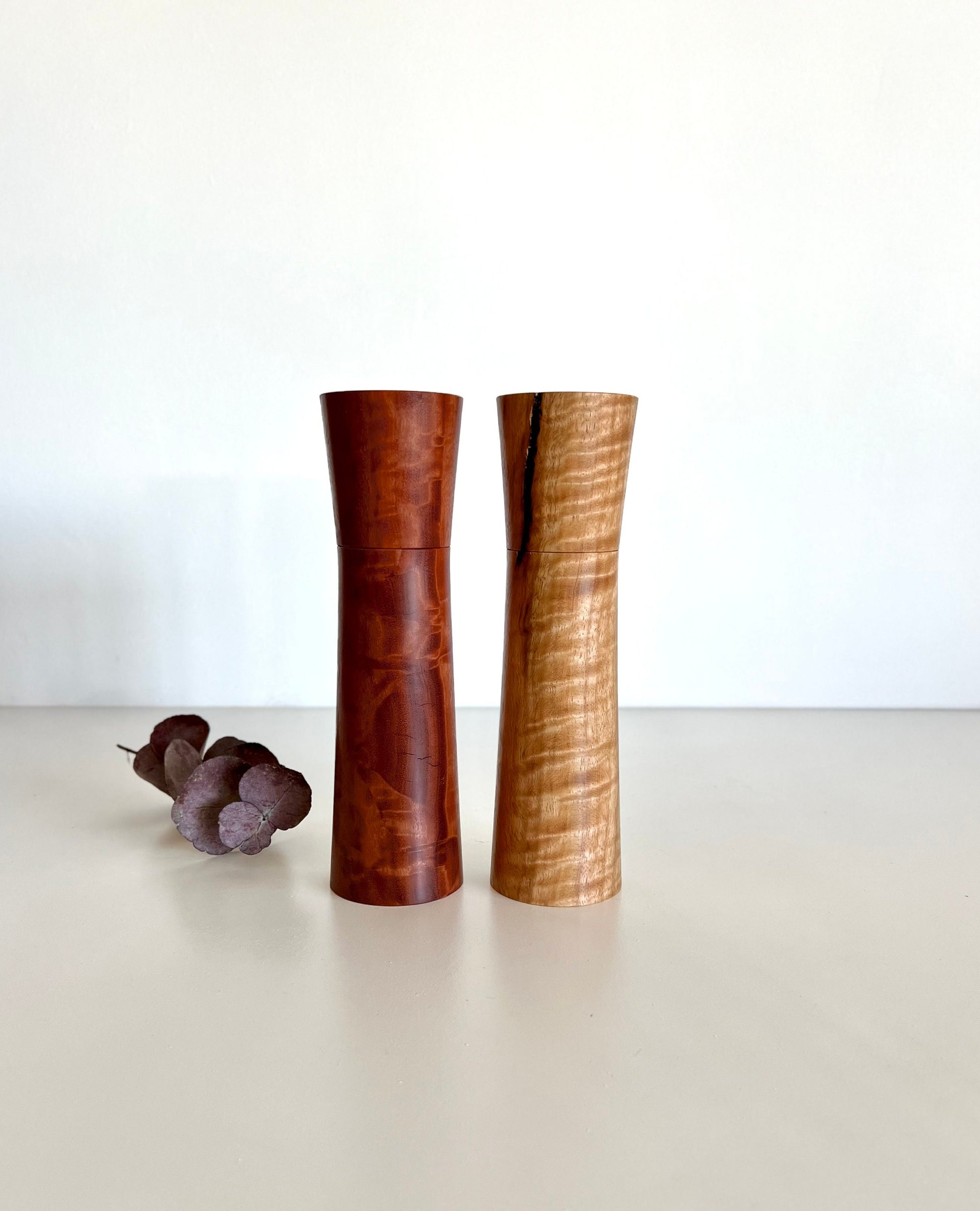 Wooden tapered shape salt and pepper grinders made from Australian Marri and river red gum timbers