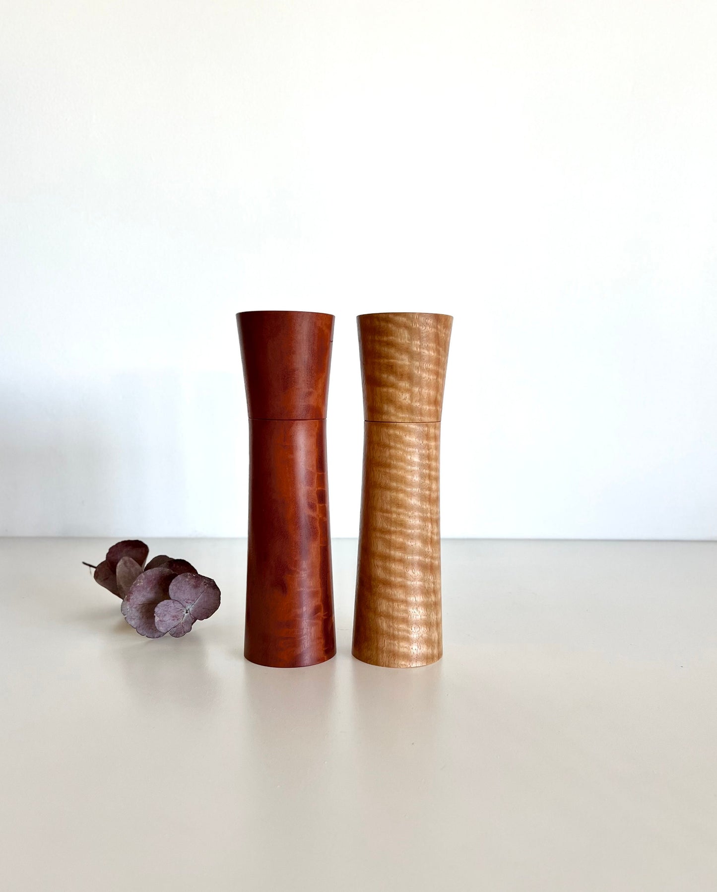 Wooden tapered shape salt and pepper grinders made from Australian Marri and river red gum timbers