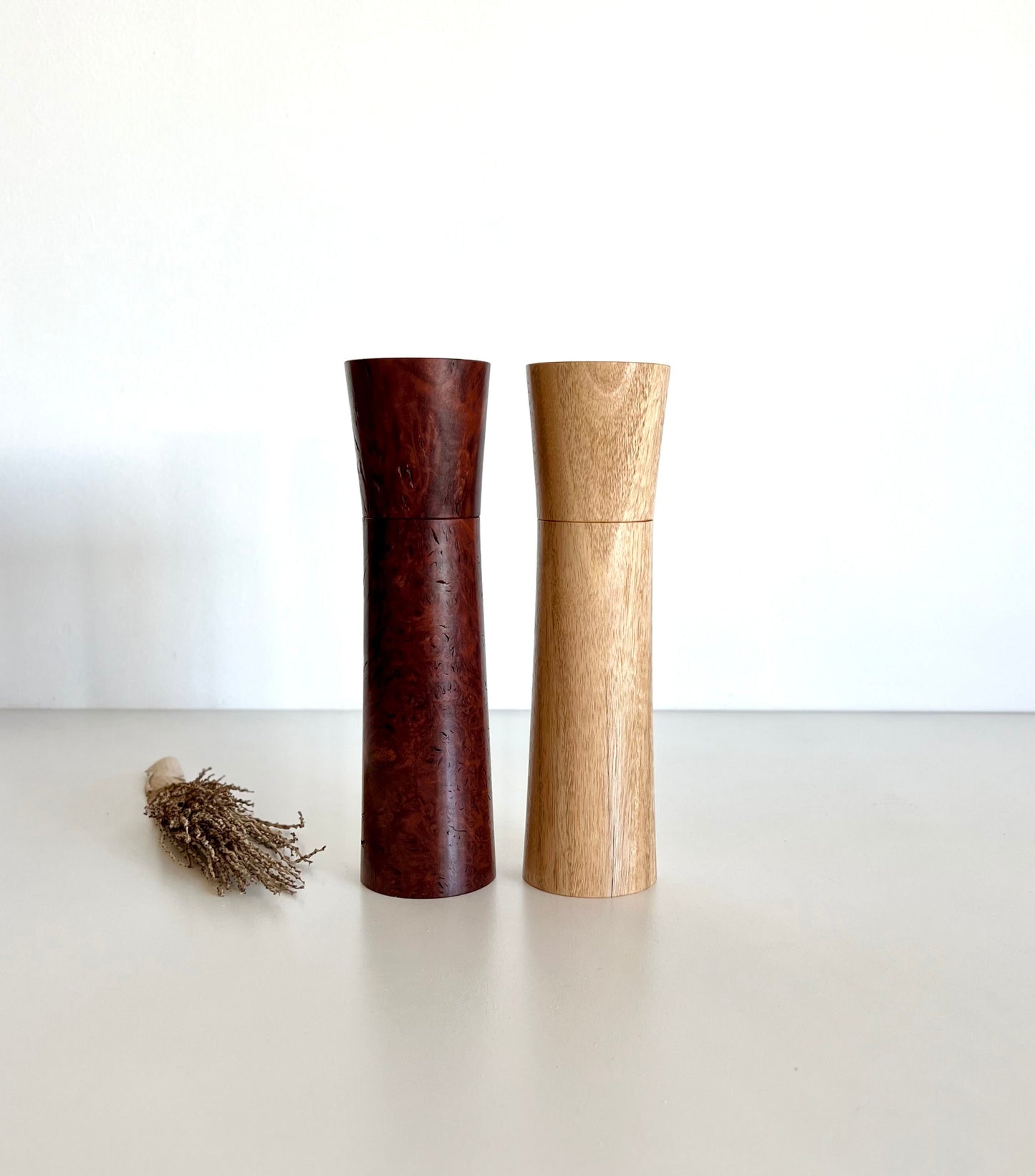 Wooden Tapered shape salt and pepper grinders made from Australian Jarrah burl and Blackbutt timbers