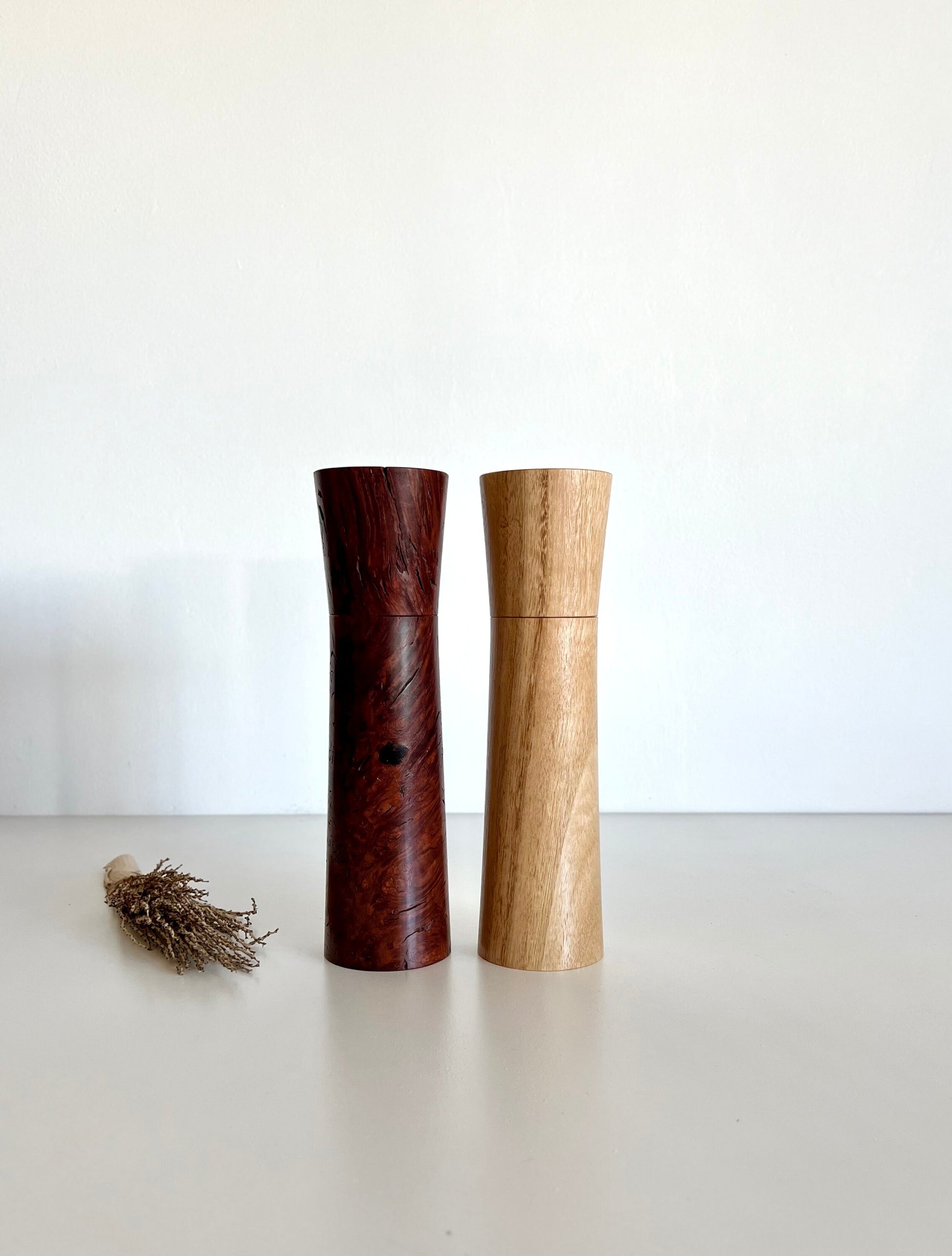 Wooden Tapered shape salt and pepper grinders made from Australian Jarrah burl and Blackbutt timbers