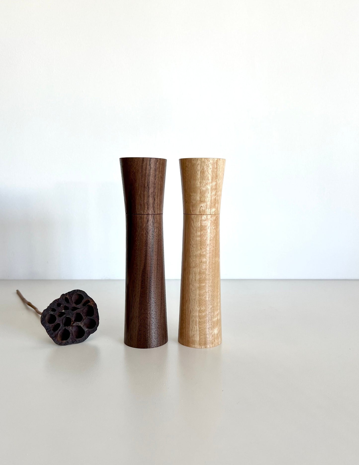 Wooden tapered shape salt and pepper grinders made from Australian Walnut and Blackbutt timbers