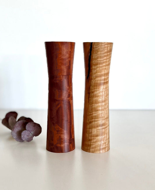 Wooden tapered shape salt and pepper grinders made from Australian Marri and river red gum timbers