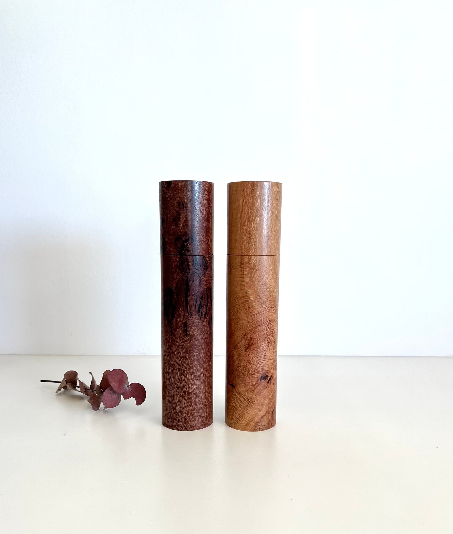 Wooden cylindrical shape salt and pepper grinders made from Australian Banksia timber