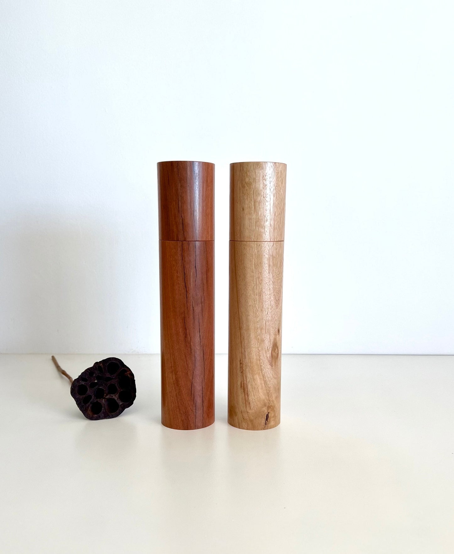 Wooden cylindrical shape salt and pepper grinders made from Australian Wandoo and Blackbutt timbers