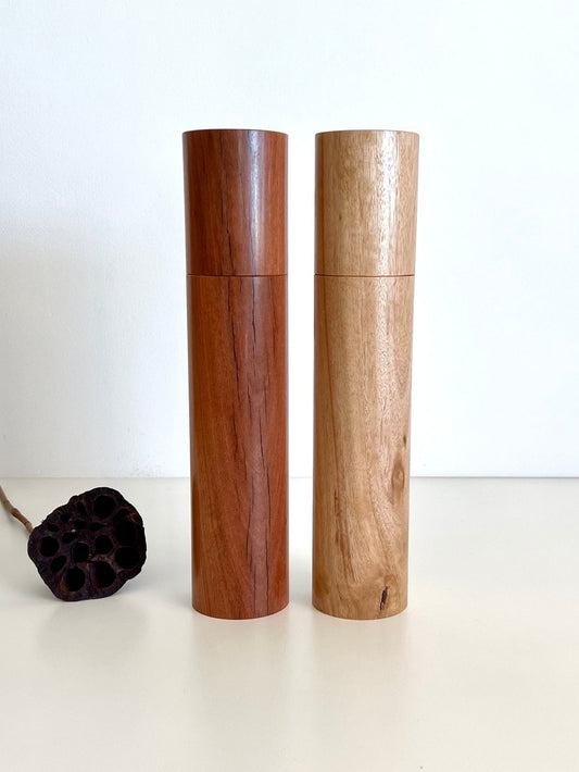 Wooden cylindrical shape salt and pepper grinders made from Australian Wandoo and Blackbutt timbers