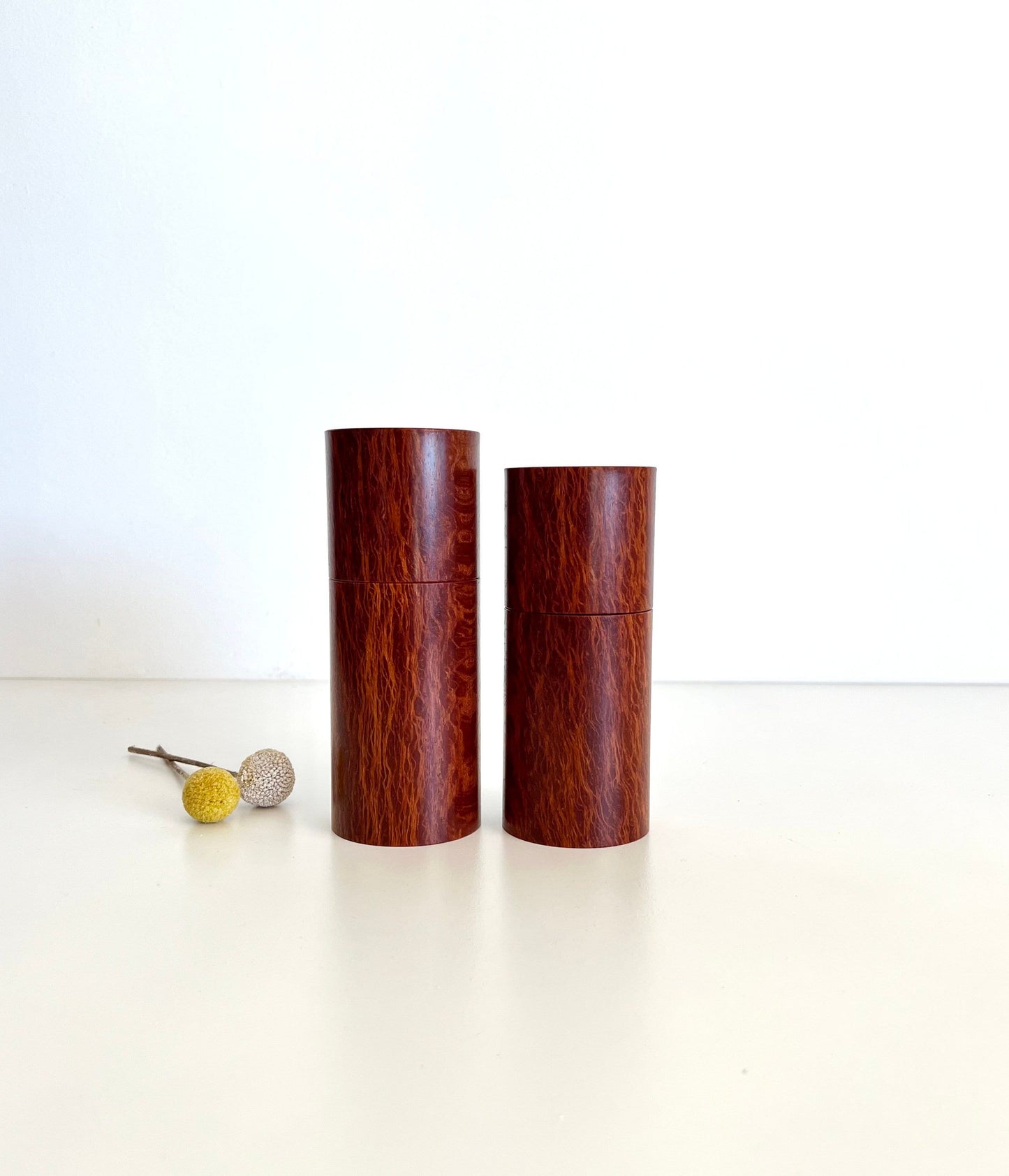 Wooden cylindrical shape salt and pepper grinders made from Australian Lace Sheoak timber