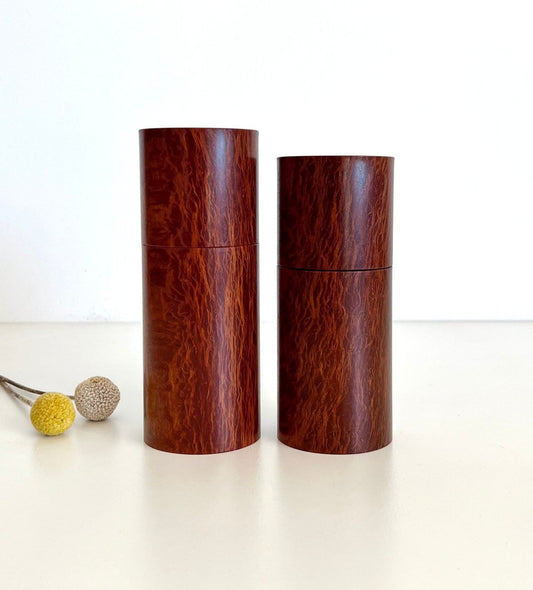 Wooden cylindrical shape salt and pepper grinders made from Australian Lace Sheoak timber