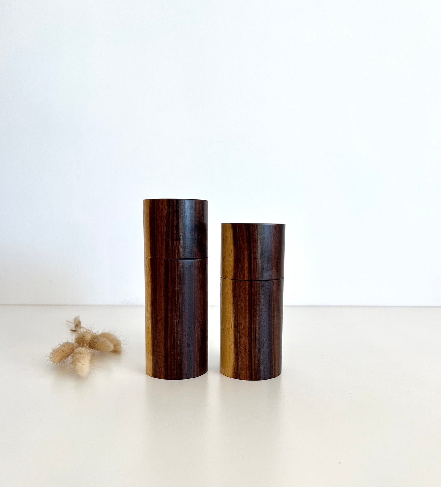 Wooden cylindrical shape salt and pepper grinders made from Australian Western Myall timbers