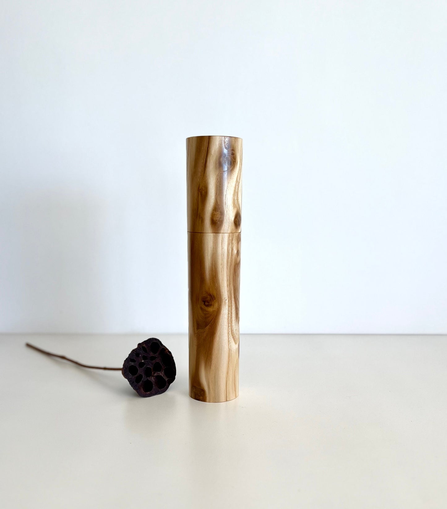 Wooden cylindrical shape salt and pepper grinder made from Australian Mulberry timber