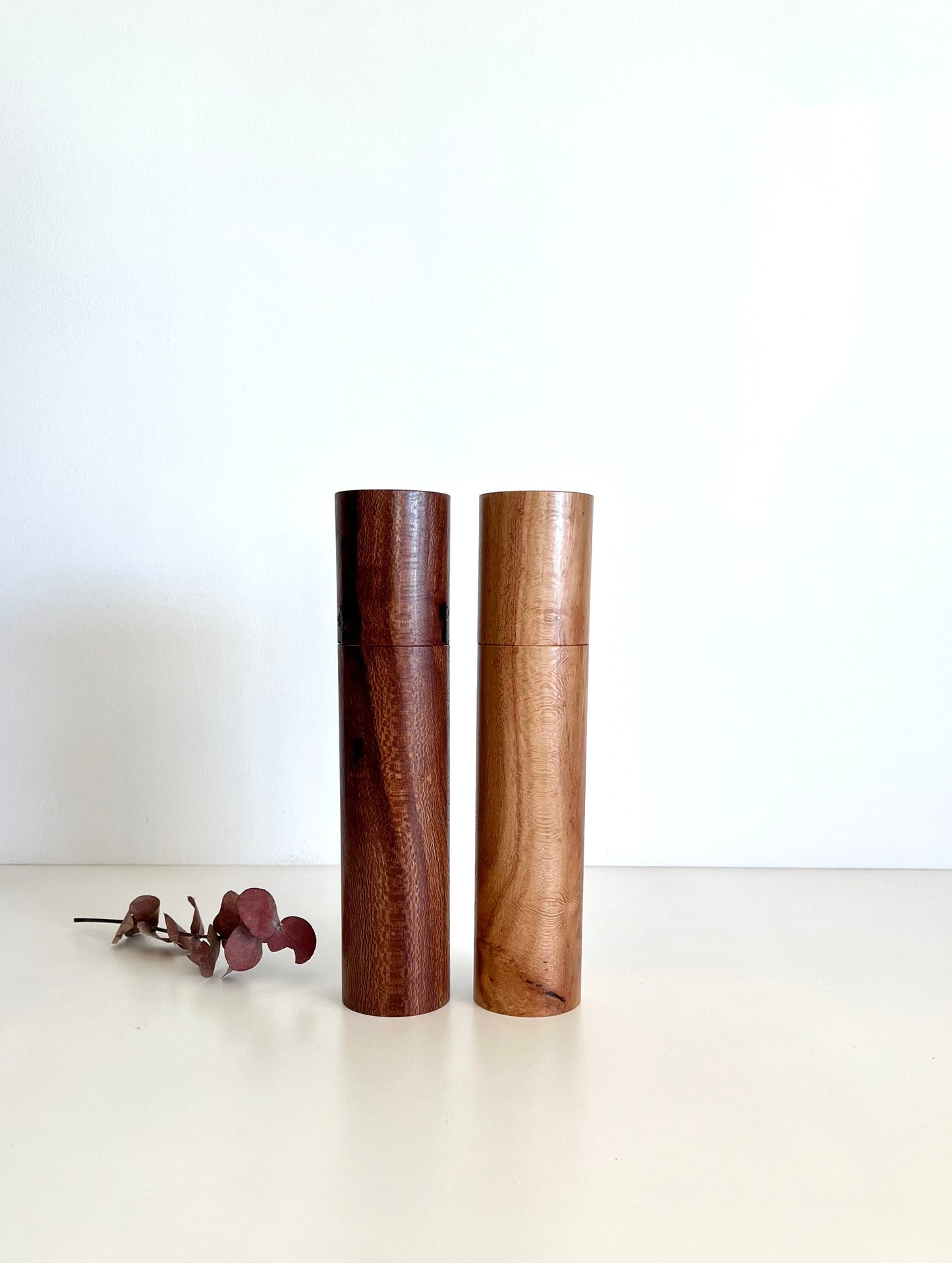 Wooden cylindrical shape salt and pepper grinders made from Australian Banksia timber