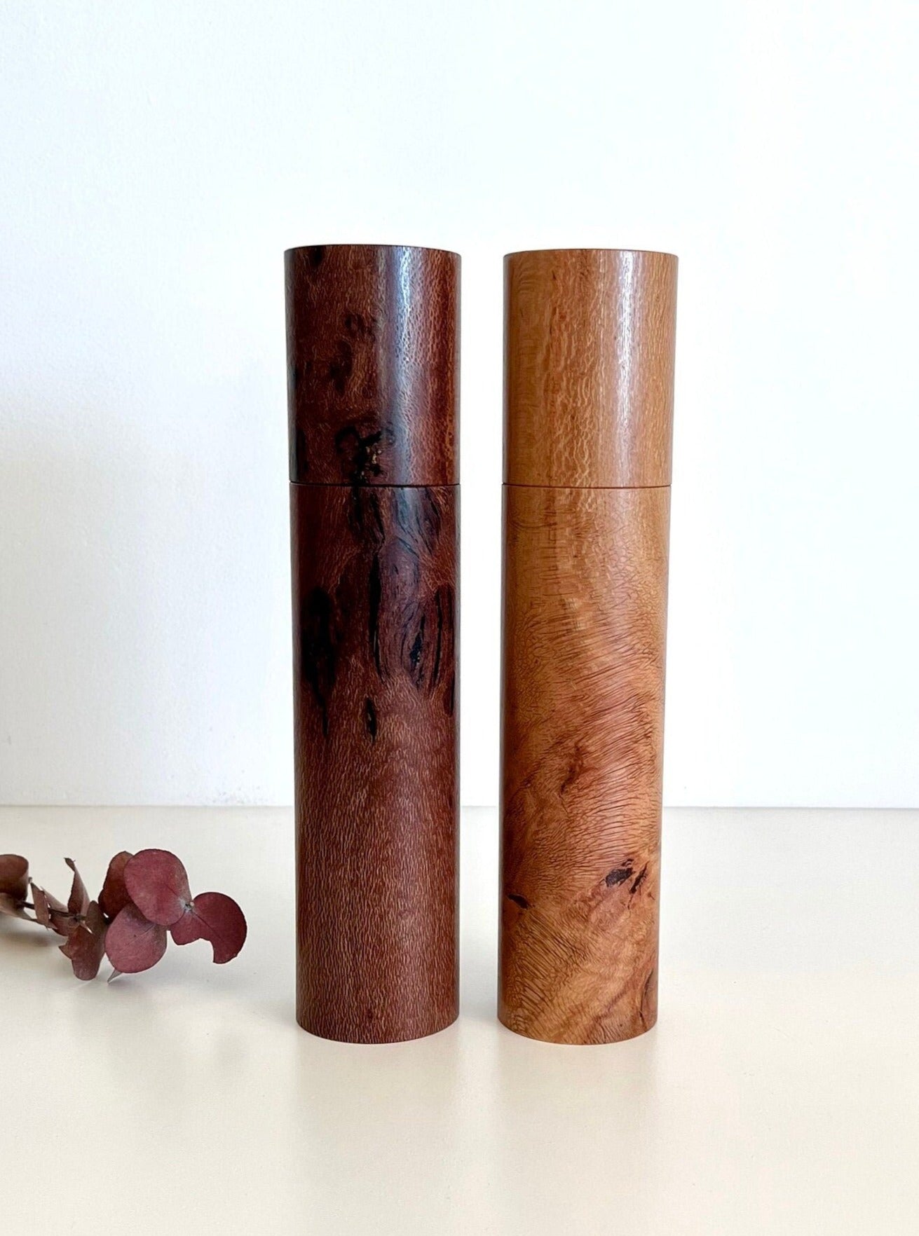 Wooden cylindrical shape salt and pepper grinders made from Australian Banksia timber