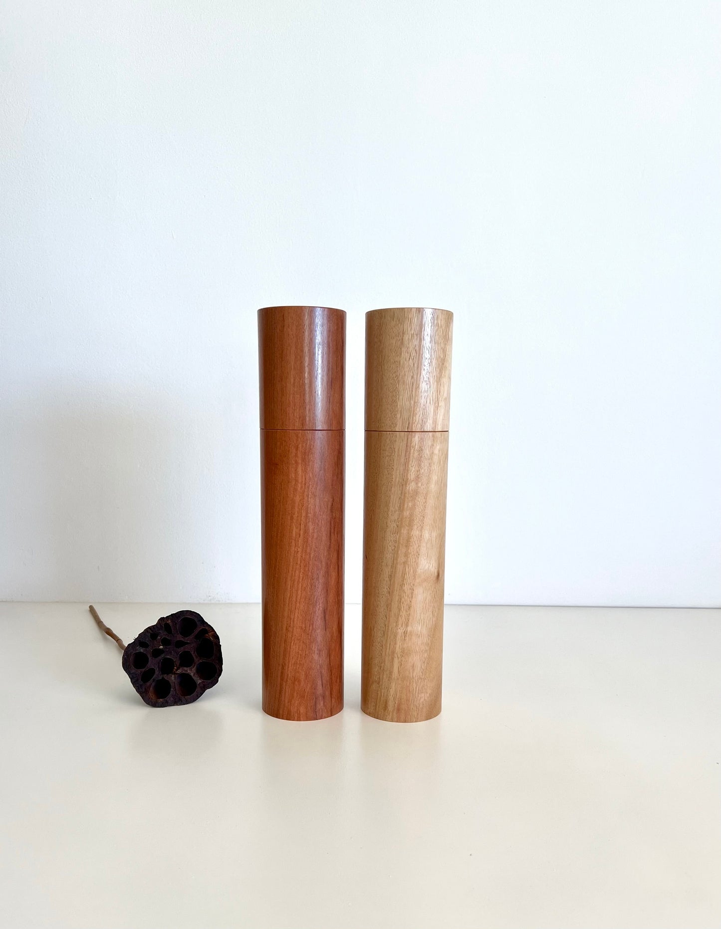 Wooden cylindrical shape salt and pepper grinders made from Australian Wandoo and Blackbutt timbers