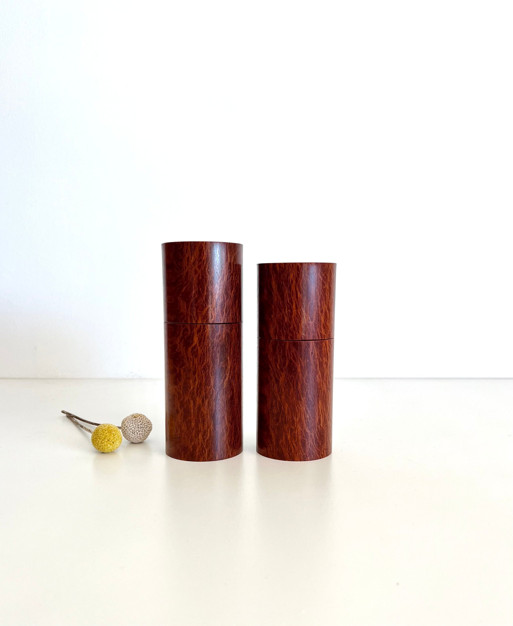 Wooden cylindrical shape salt and pepper grinders made from Australian Lace Sheoak timber