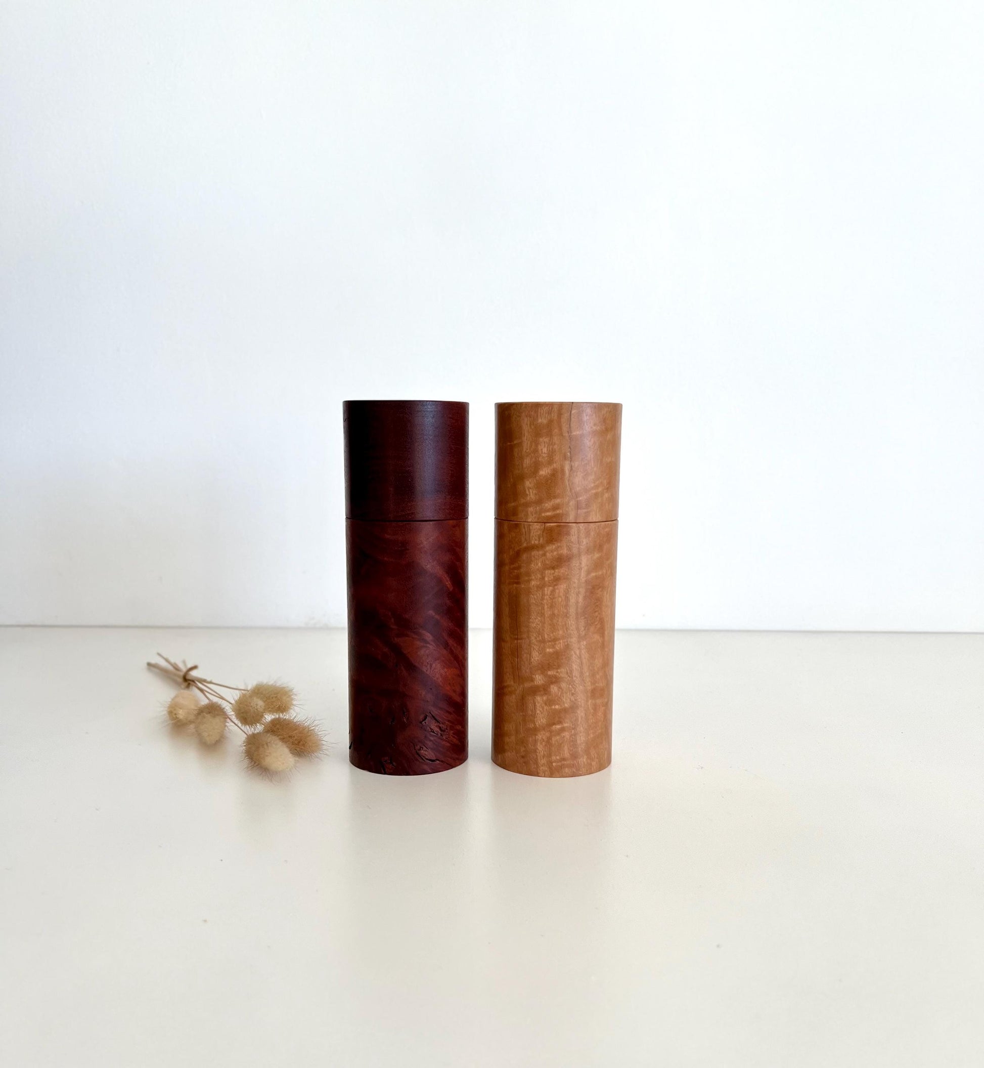 Wooden cylindrical shape salt and pepper grinders made from Australian Jarrah and Blackbutt timbers