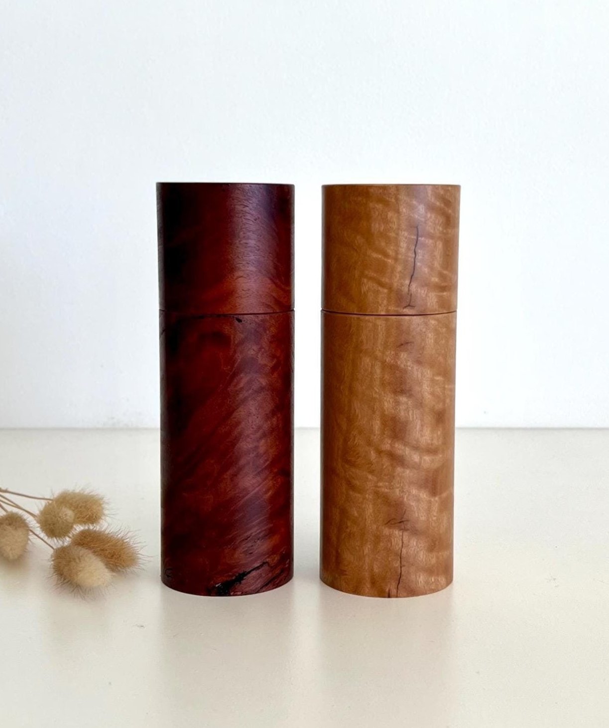 Wooden cylindrical shape salt and pepper grinders made from Australian Jarrah and Blackbutt timbers