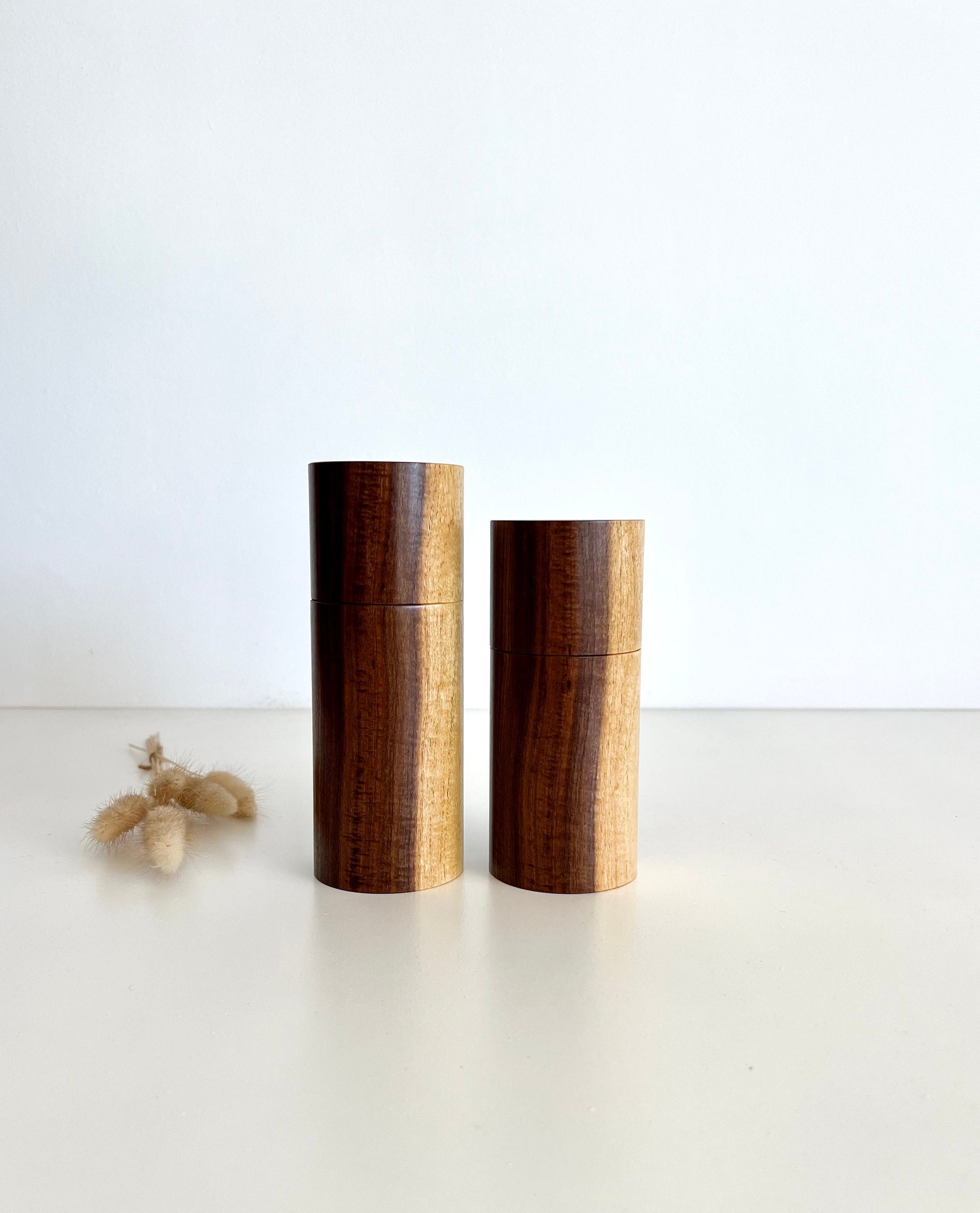 Wooden cylindrical shape salt and pepper grinders made from Australian Western Myall timbers