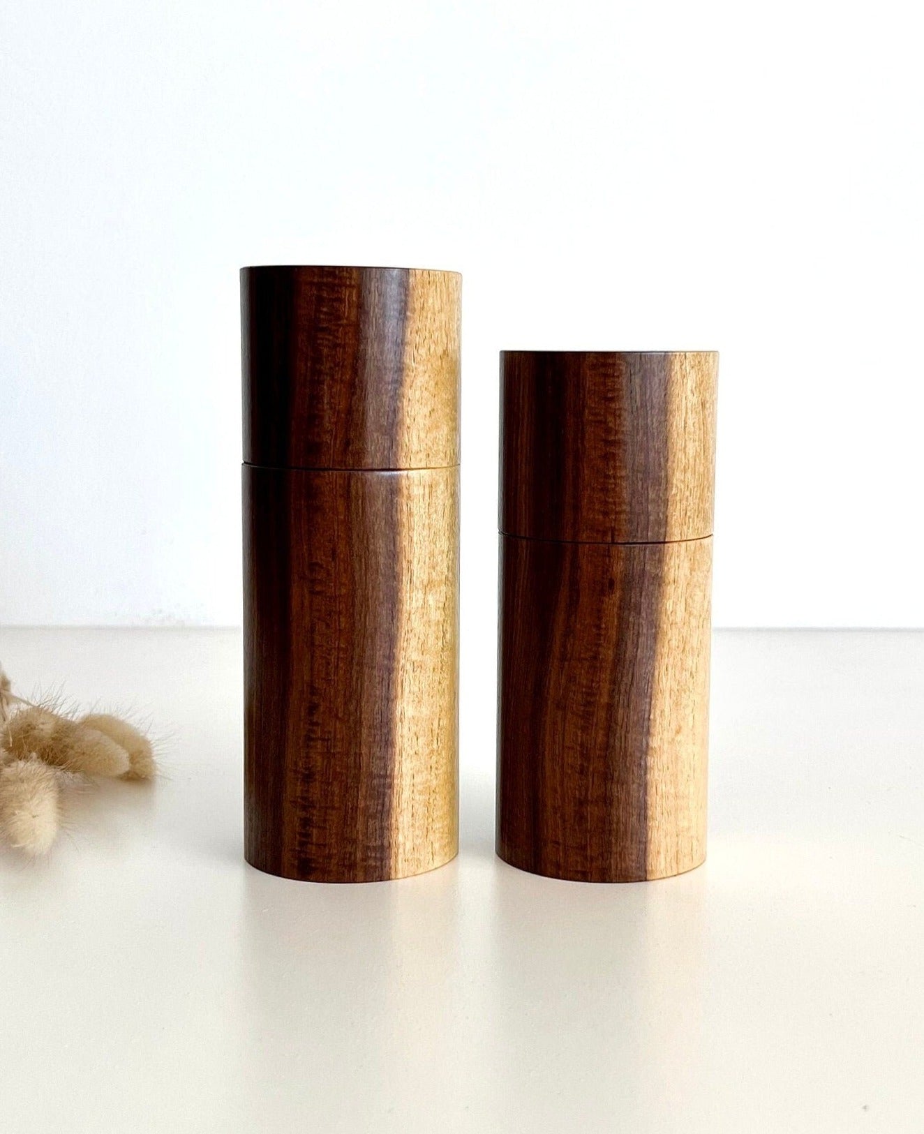 Wooden cylindrical shape salt and pepper grinders made from Australian Western Myall timbers