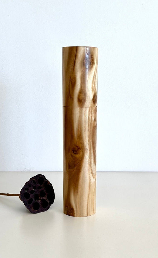 Wooden cylindrical shape salt and pepper grinder made from Australian Mulberry timber