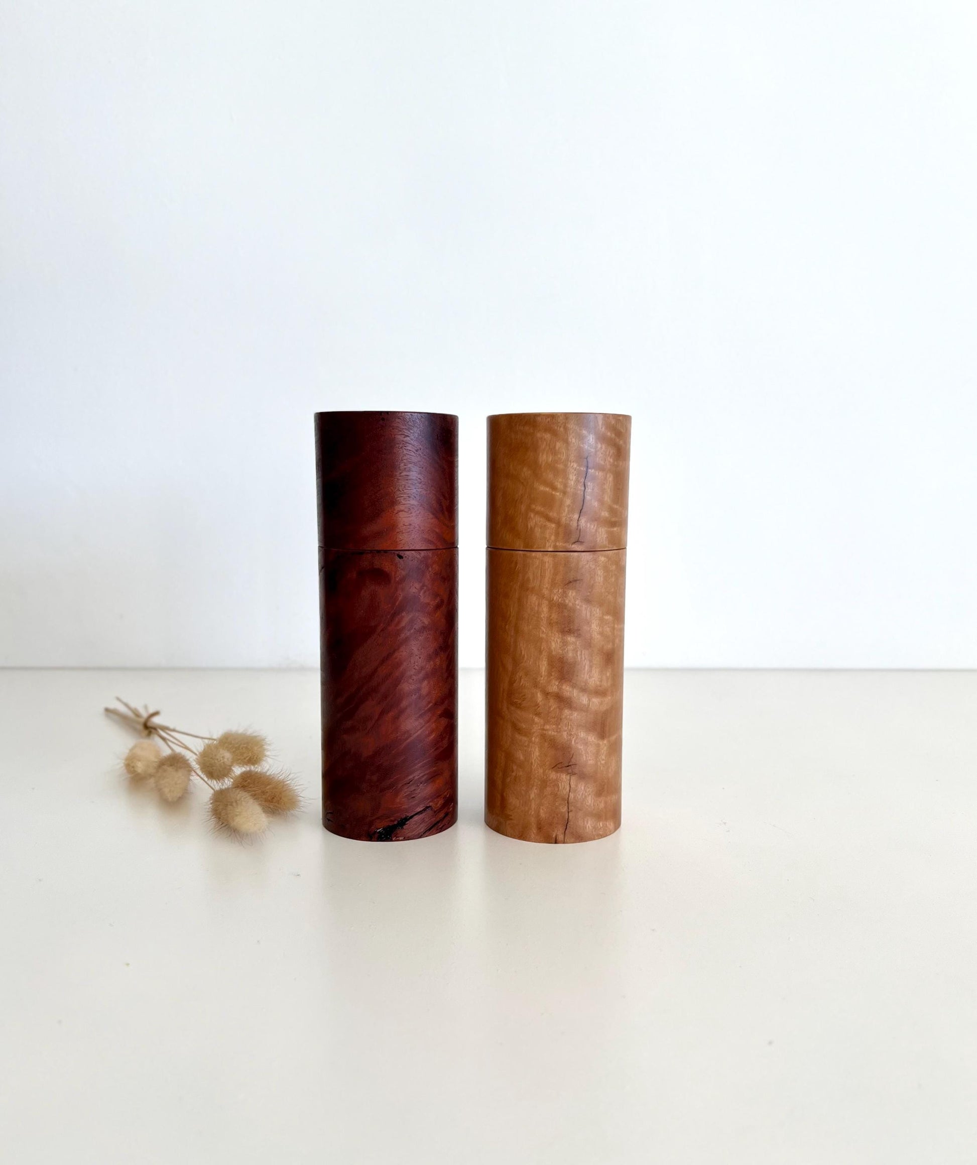 Wooden cylindrical shape salt and pepper grinders made from Australian Jarrah and Blackbutt timbers